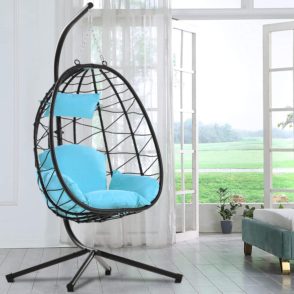 SYNGAR Egg Chair with Stand, Wicker Swing Chair, Patio Hammock Chair with Soft Cushion, Indoor Outdoor Balcony Bedroom Basket Hanging Lounge Chair, Heavy Duty Frame for 300 lbs Capacity, Red, Y024