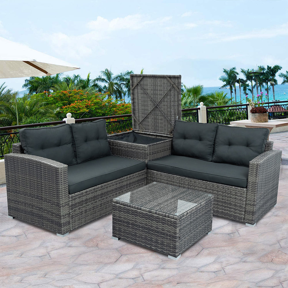 SYNGAR 4 Piece Wicker Patio Furniture Sets, Outdoor Sofa Set with Loveseat Sofa, Table and Storage Box, All Weather Rattan Sofa and Cushioned Seats for Garden, Lawn, Backyard, Front Porch, Gray