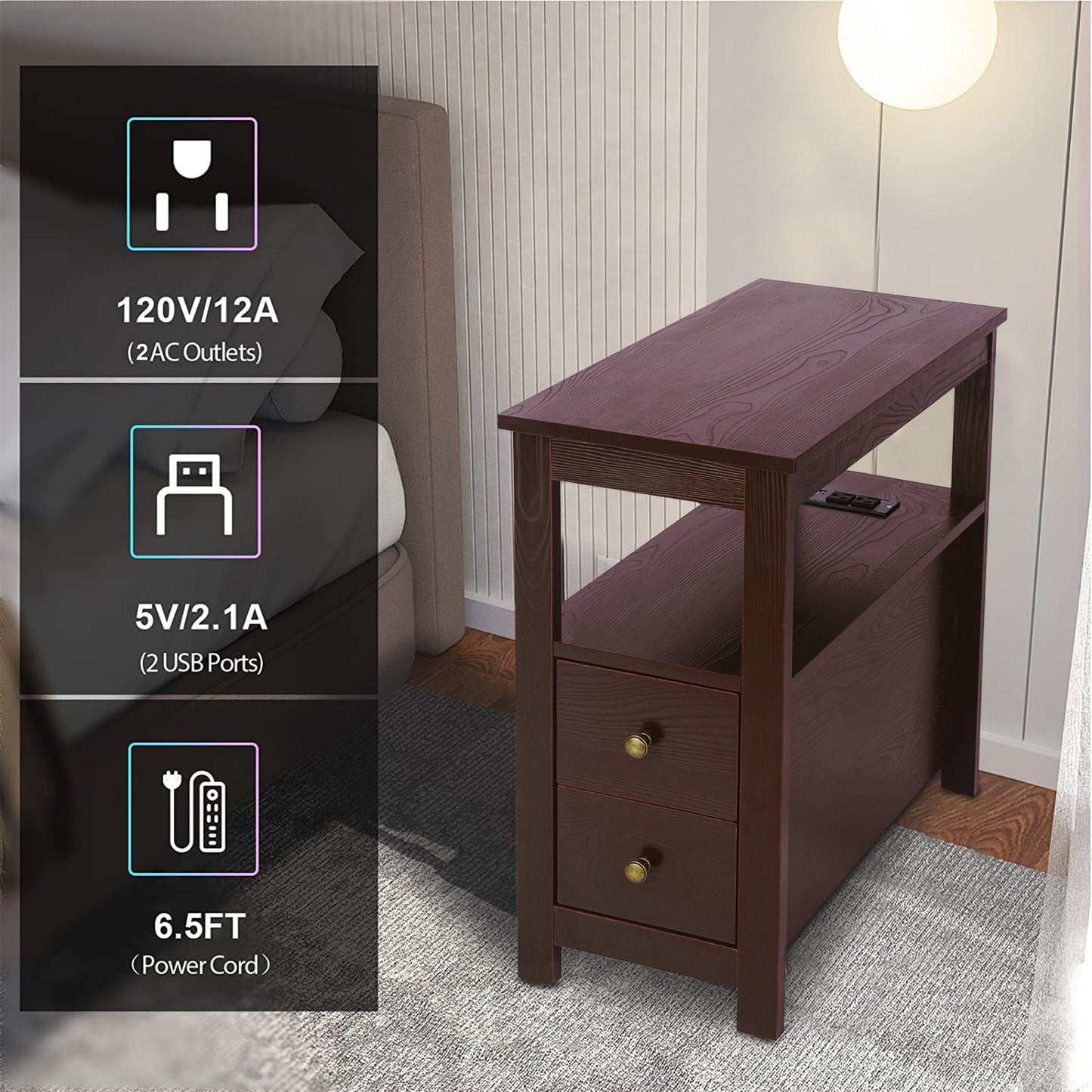 SYNGAR Side Table for Living Room, Nightstand Set of 2, Modern Side Cabinet W/ 2 Drawers, Open Shelf, Power Outlets & USB Ports, Wood End Table with Storage, Bedside Table for Bedroom, Espresso, D4684