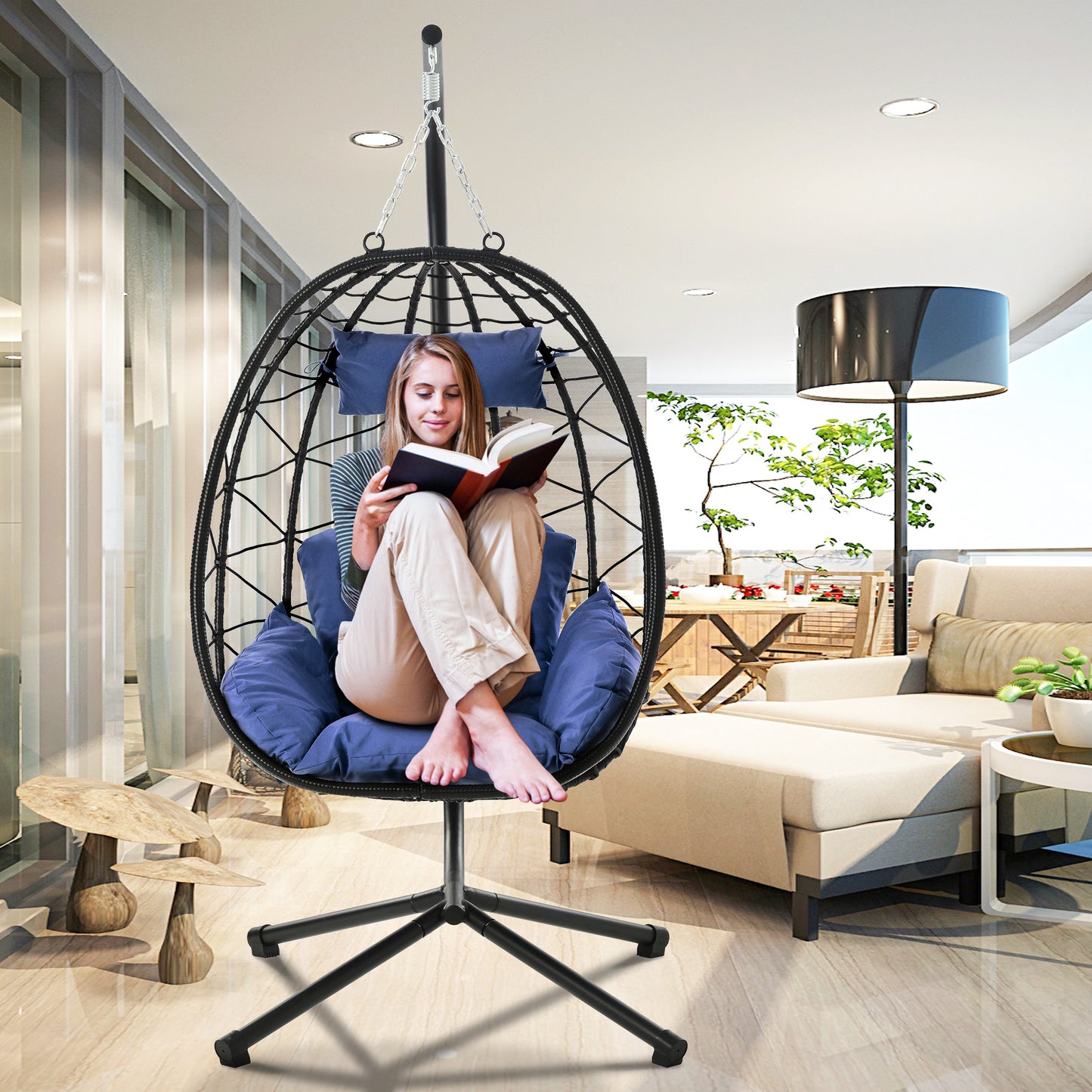 SYNGAR 2 Piece Indoor Outdoor Patio Wicker Hanging Chairs, Swing Hammock Egg Chairs Waterproof Cushions with Steel Frame, 300lbs Capacity for Patio Balcony Bedroom Living Room, Navy Blue
