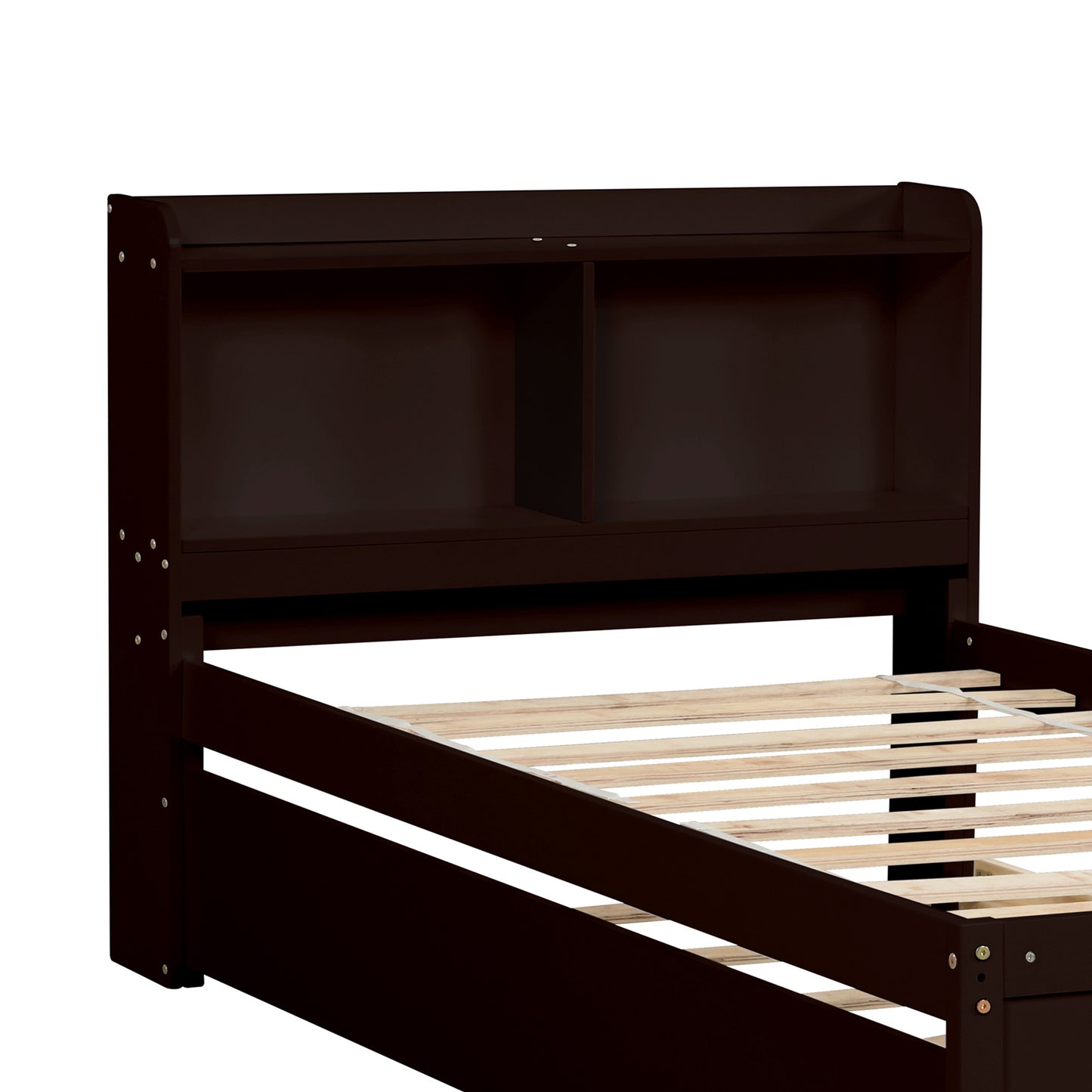 Twin Bed Frame with Trundle Included, Solid Pine Wood Platform Bed Frame with Storage Headboard for Kids Teens Adults, Espresso