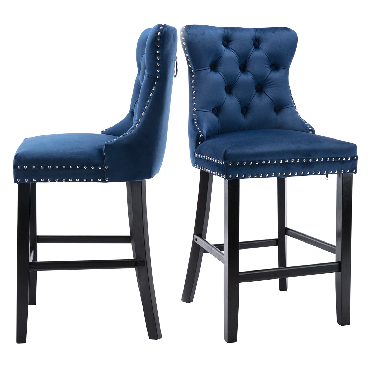 SYNGAR Bar Stools Set of 2, Velvet Upholstered Bar Chair with Wood Legs Nailhead Trim Tufted Back, High End Counter Height Bar Stools, Bar Chairs for Bar Counter Kitchen, Wood Barstool Set, Blue