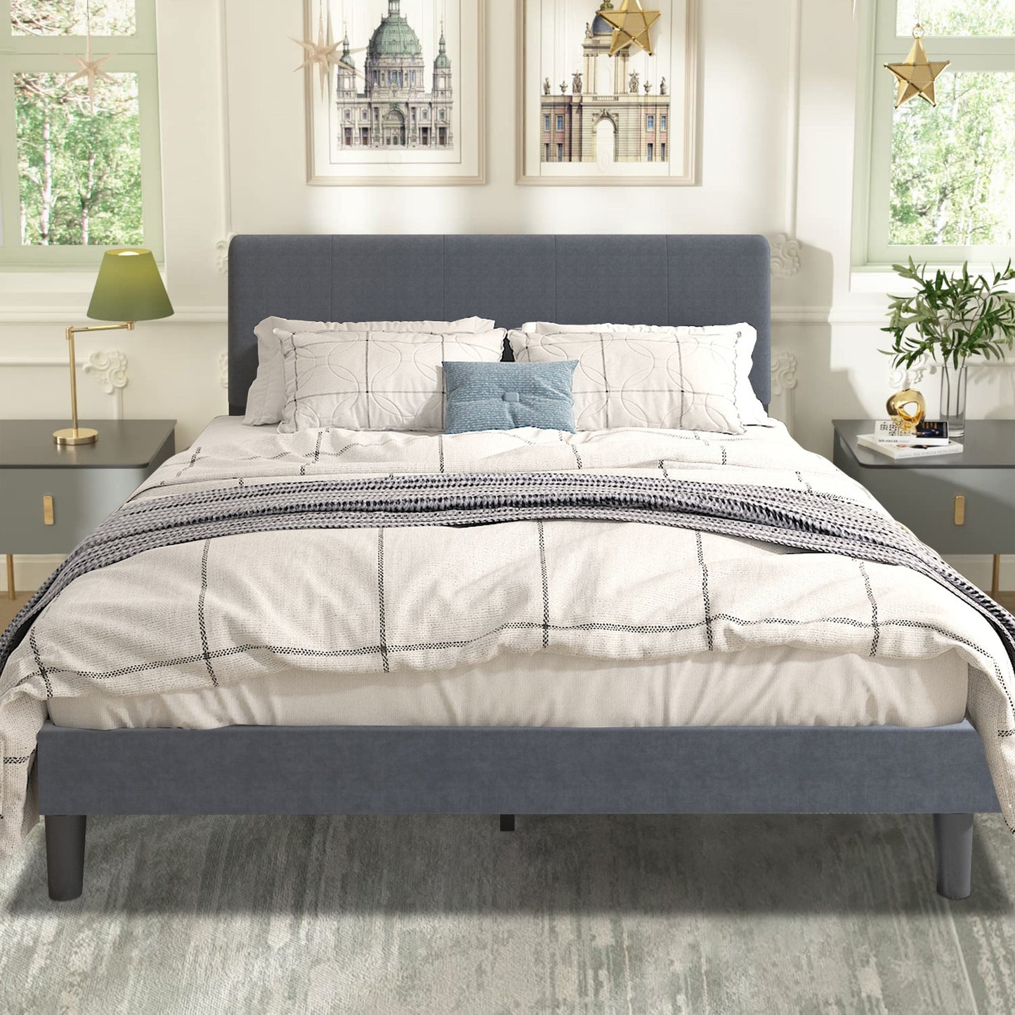 SYNGAR Twin Size Fabric Fully Upholstered Platform Bed Frame with Rivet Wingback Headboard, Sturdy Metal Frame, Strong Wooden Slats, No Box Spring Needed, Easy Assembly, Beige