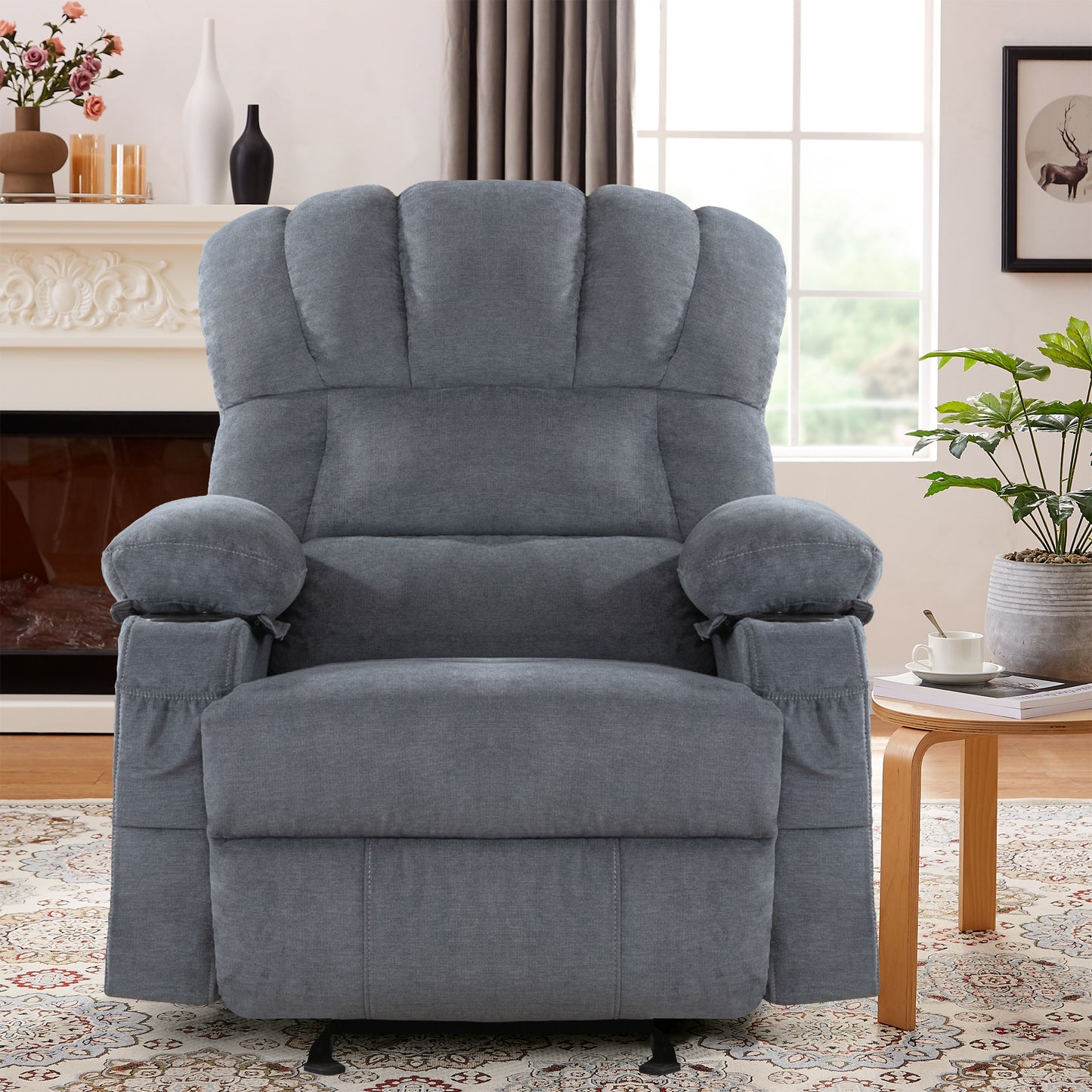 SYNGAR Manual Recliner Chair with Heat Therapy and Massage Function, Heavy Duty Reclining Mechanism Massage Chair, Elderly Single Rocker Sofa with Cup Holders for Bedroom Home Theater, Brown
