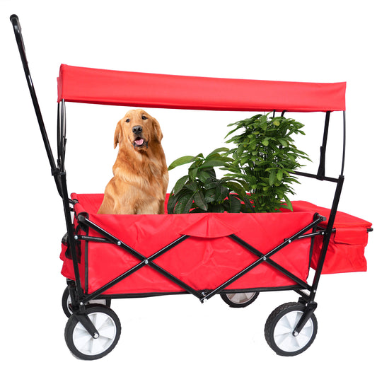 Utility Folding Wagon Cart with Canopy, Max 150 lbs, Heavy Duty Collapsible Trolley Cart with All-terrain Wheels, Outdoor Push & Pull Wagon Cart for Garden, Camping, Beach, C28
