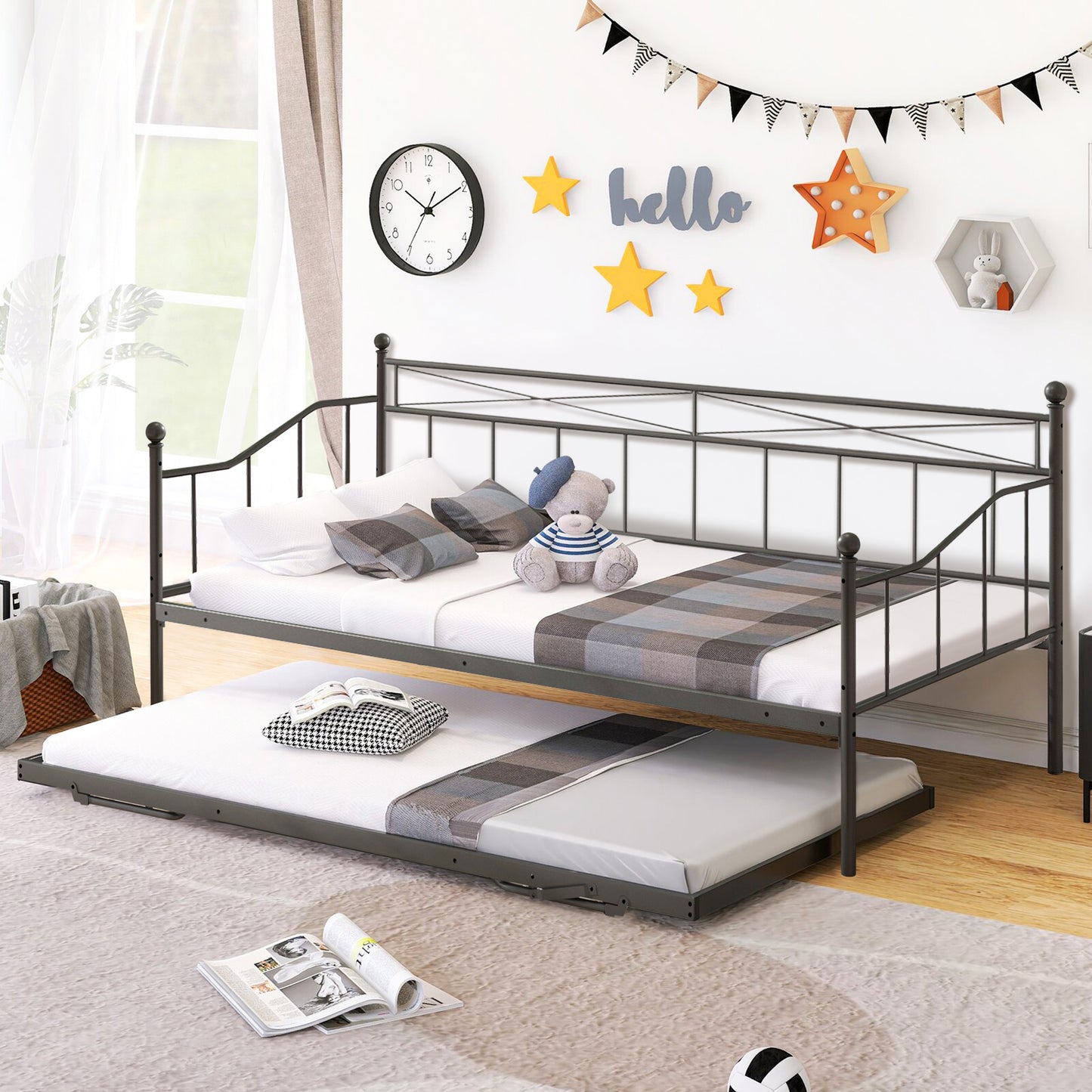 SYNGAR Twin Daybed with Pop Up Trundle, Metal Twin Size Daybed Frame, Space Saving Sofa Bed with Trundle Bed, Modern Home Platform Bed for Living Room/Bedroom, No Box Spring Needed, Black, D6608