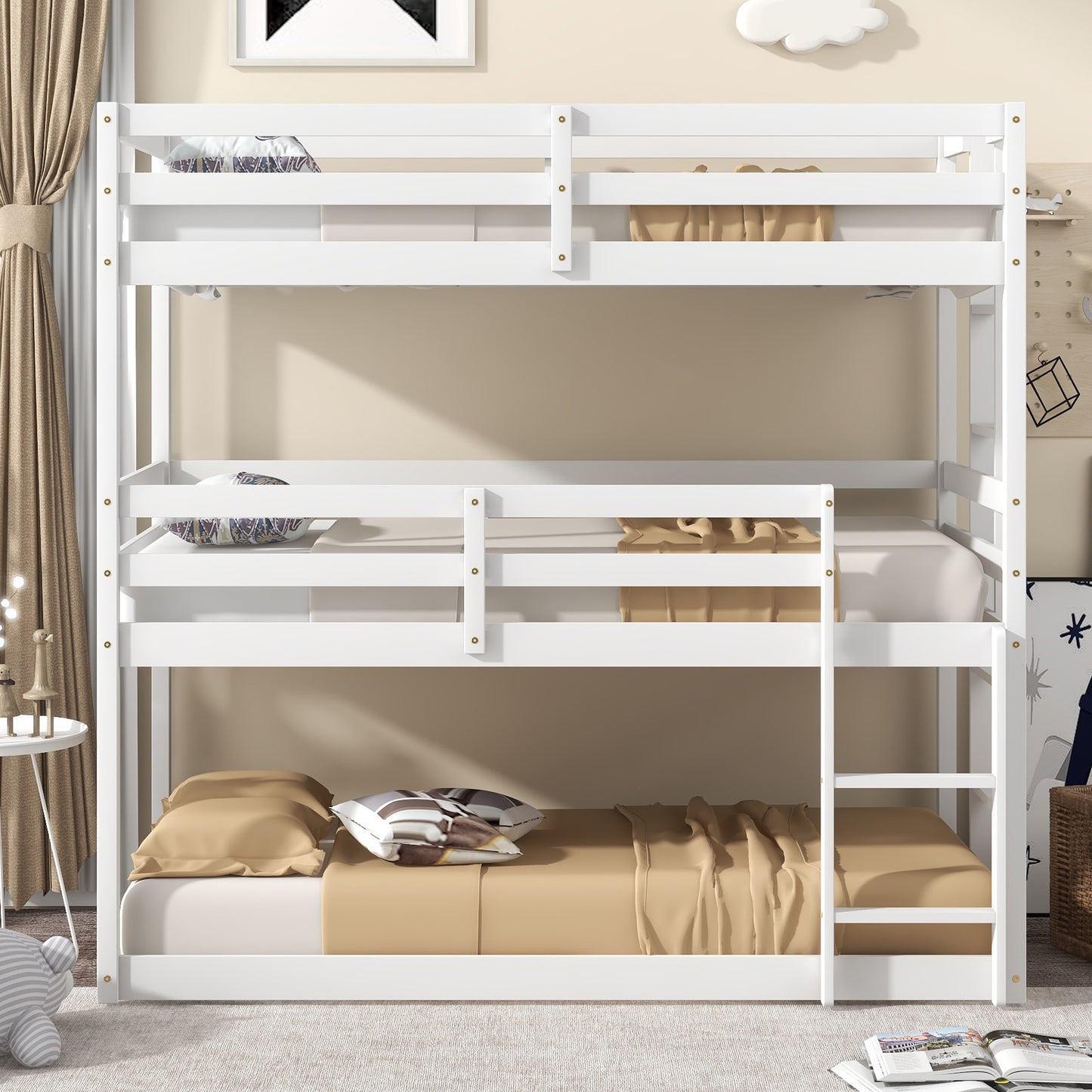 SYNGAR White Wood Triple Bunk Bed Frame for Kids, 3 Twin Bed Triple Floor Bunk Bed with Ladders, Adjustable Detachable Design 3 Bed Frame, No Box Spring Needed, Twin Over Twin Over Twin