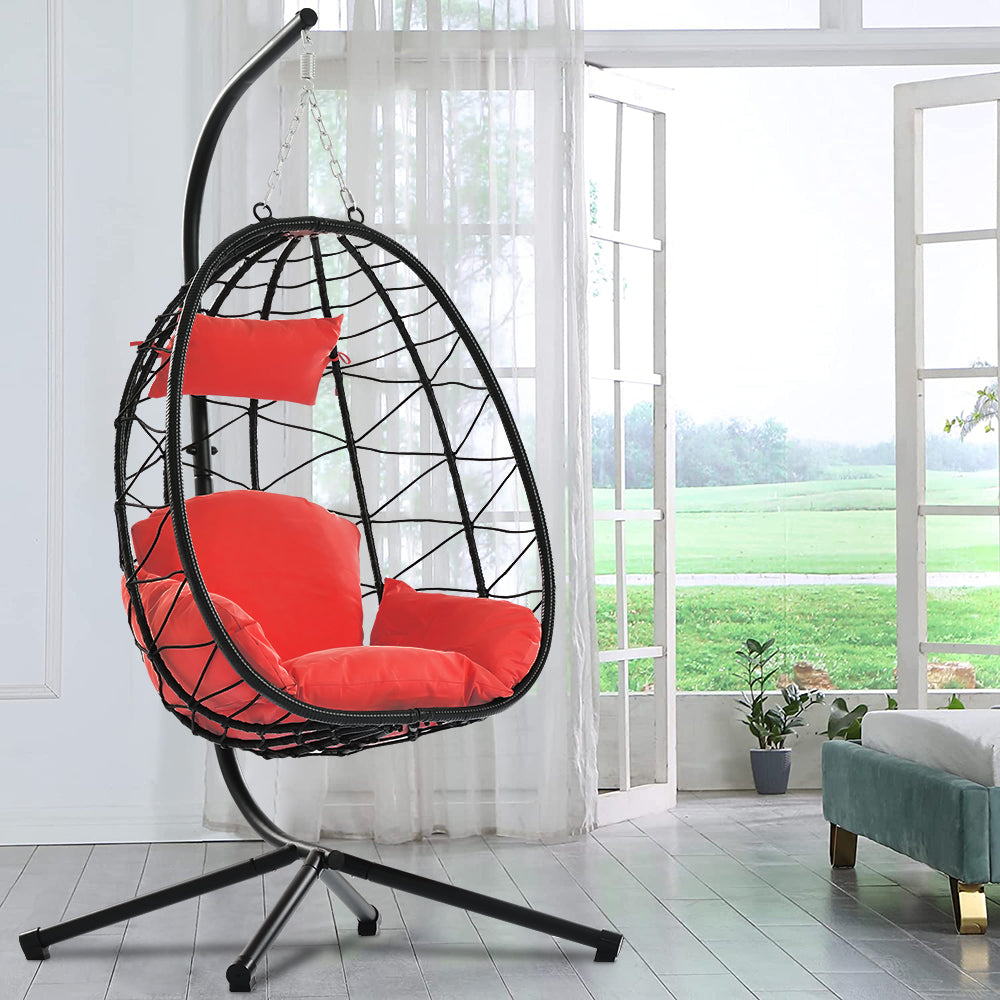 SYNGAR Egg Chair with Stand, Wicker Swing Chair, Patio Hammock Chair with Soft Cushion, Indoor Outdoor Balcony Bedroom Basket Hanging Lounge Chair, Heavy Duty Frame for 300 lbs Capacity, Red, Y024