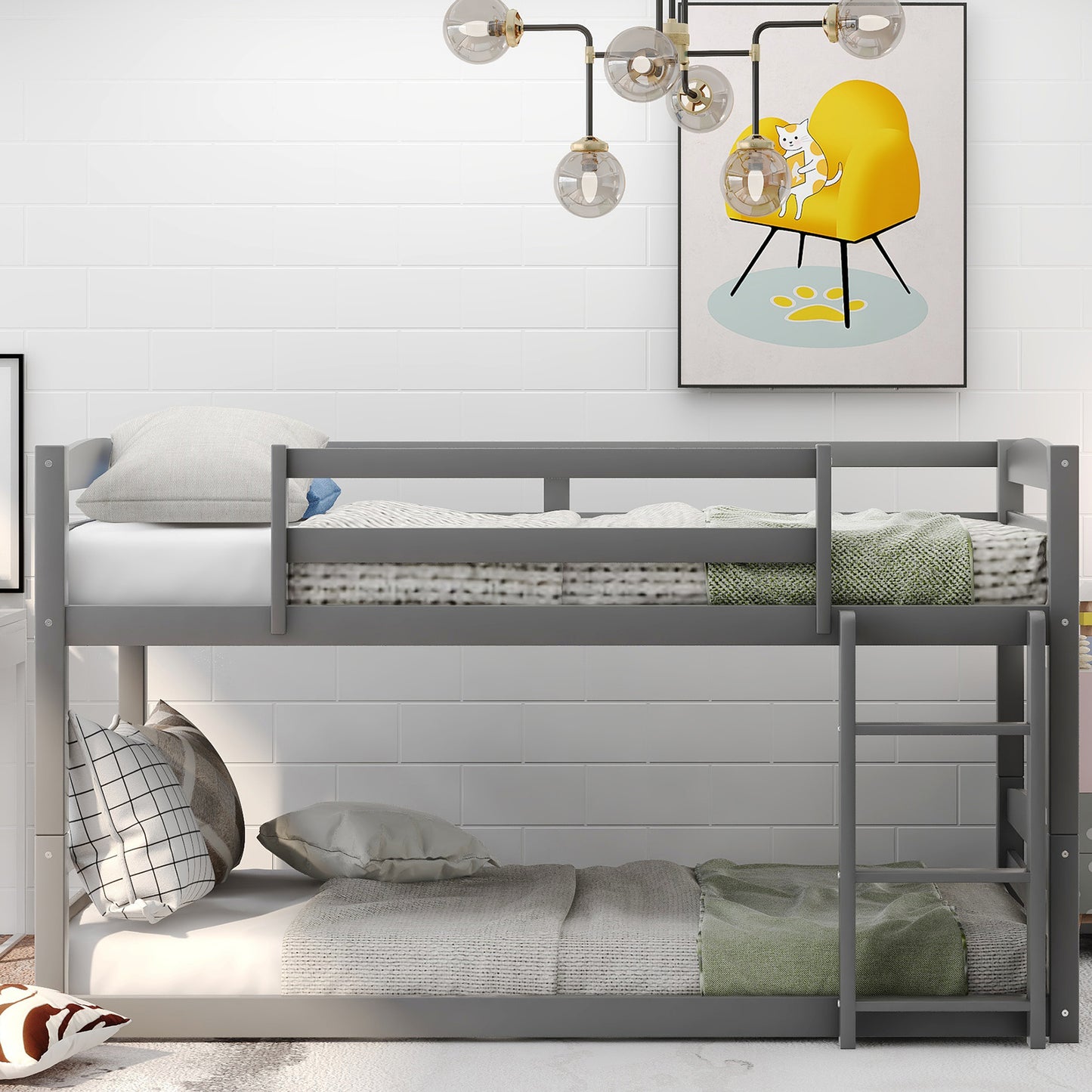 SYNGAR Twin over Twin Bunk Bed, Solid Wood Bunk Bed Frame with Ladder and Safety Guardrails, Bedroom Convertible Bunk Bed Furniture for Kids Teens Adults, No Box Spring Needed, C25