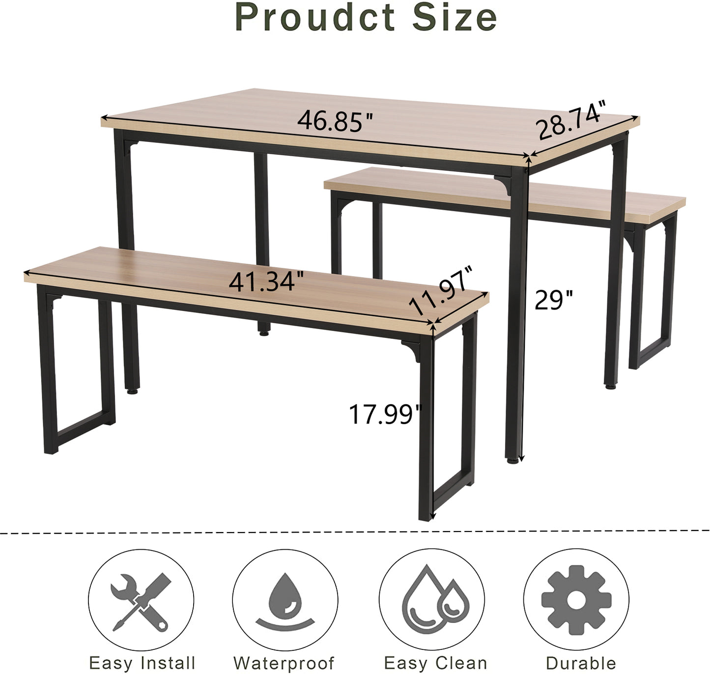 SYNGAR 3 Piece Kitchen Table Set, Modern Dining Set with 2 Benches, Home Dining Table Set for 4, Breakfast Table and Chairs Set, for Small Space, Kitchen, Dining Room, Restaurant, Beige, Y005