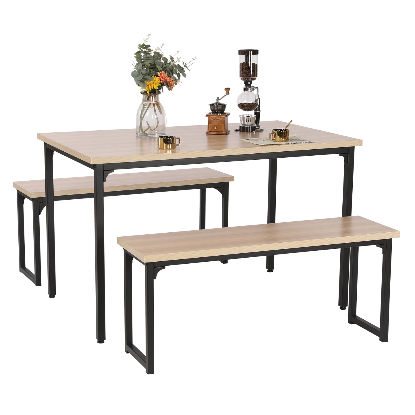 SYNGAR 3 Piece Kitchen Table Set, Modern Dining Set with 2 Benches, Home Dining Table Set for 4, Breakfast Table and Chairs Set, for Small Space, Kitchen, Dining Room, Restaurant, Beige, Y005