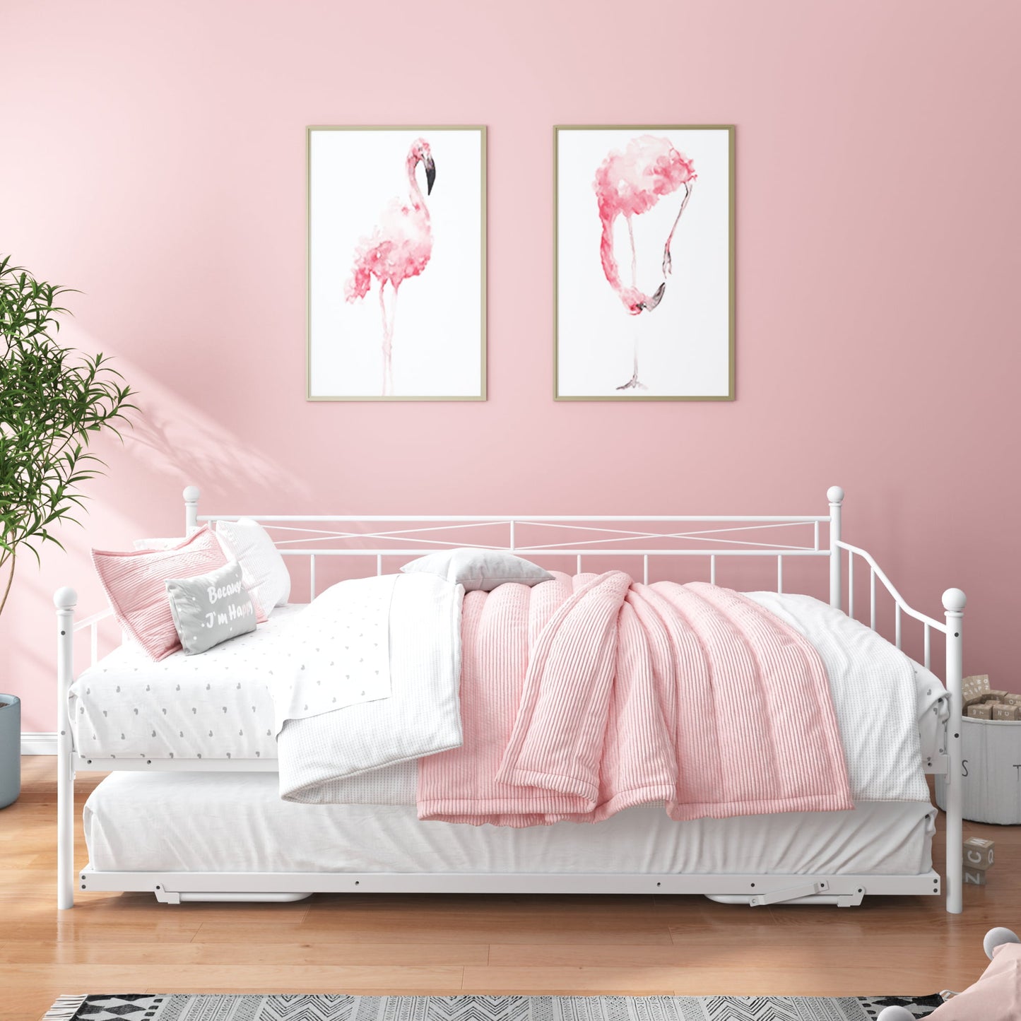 Twin Daybed with Pop Up Trundle, Metal Twin Size Daybed Frame, Space Saving Sofa Bed with Trundle Bed, Modern Home Platform Bed for Living Room/Bedroom, No Box Spring Needed, White, D6613