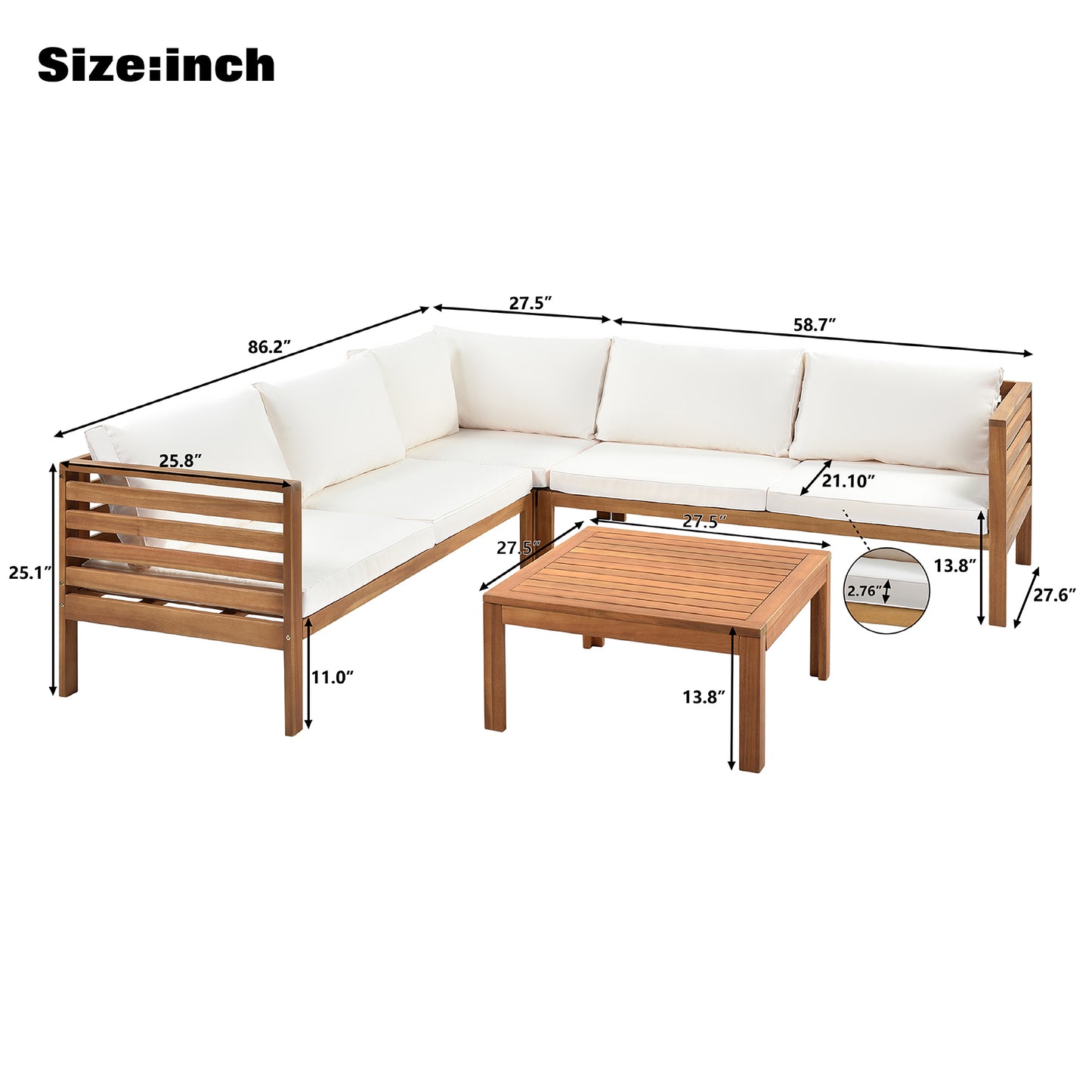 SYNGAR 4 Piece Wood Patio Furniture Set, Outdoor Seating Chat Set with Beige Cushions, Sectional Conversation Sofa Chairs Set with Coffee Table, for Balcony, Backyard, Poolside, Deck, Garden, D7488