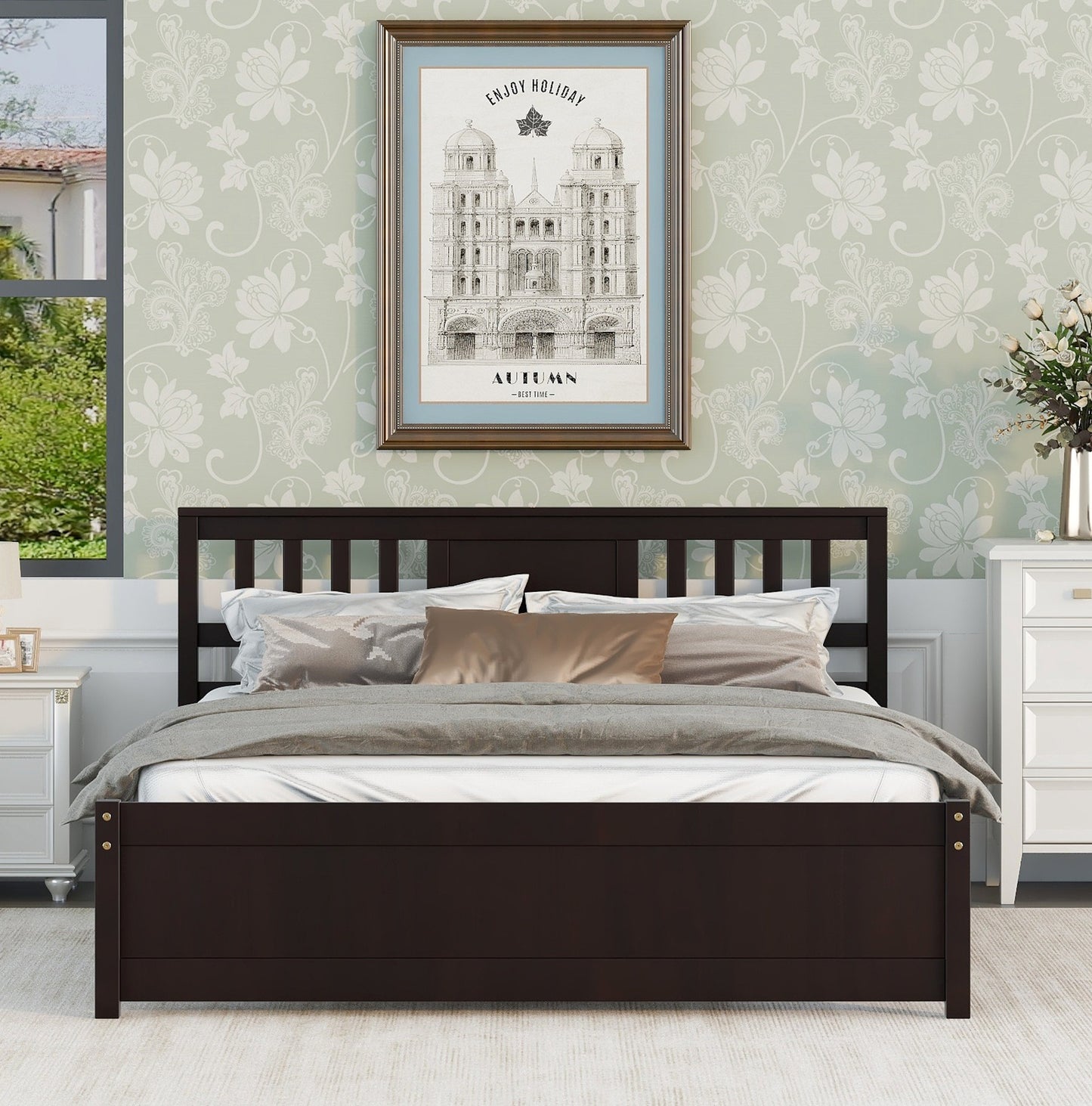 Syngar King Size Platform Bed with Headboard, Solid Wood Frame with Headboard, 500 Lbs. Weight Capacity, White, LJ2093