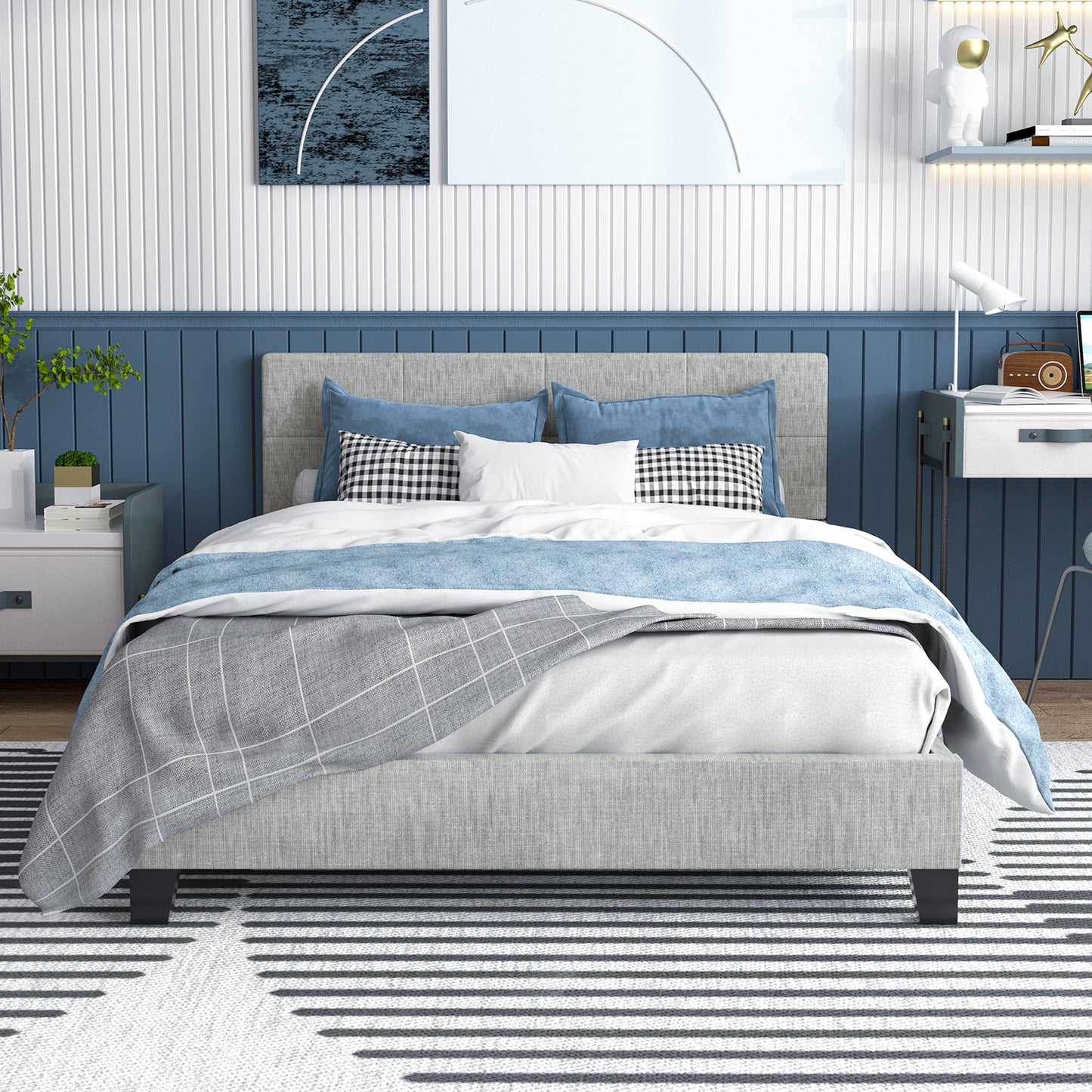 SYNGAR Full Size Platform Bed Frame with Linen Fabric Upholstered Button Tufted Headboard, Sturdy Sturdy Frame and Strong Wooden Slats, No Box Spring Needed, Gray