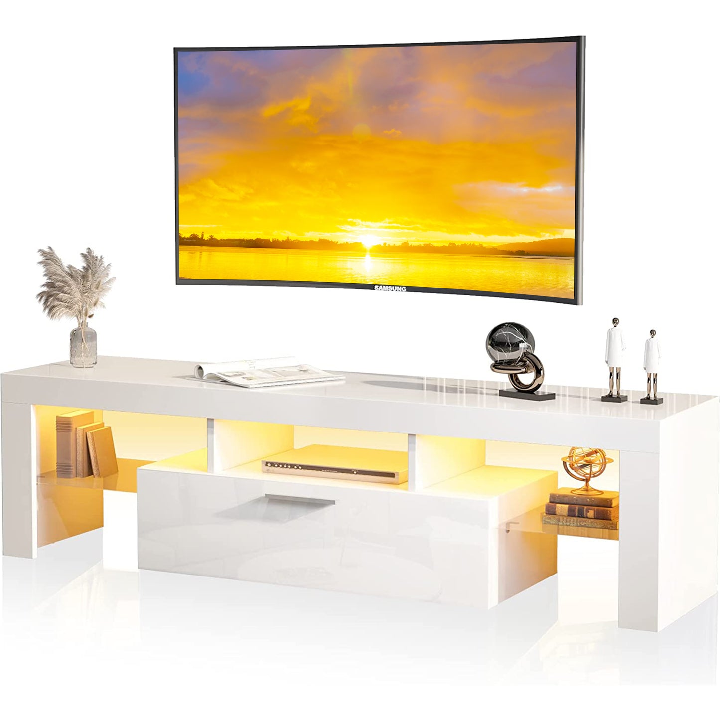 White TV Stand for 70 inch TV, Modern High Glossy Television Table Stands TV Cabinet Console Table with 16 Colors LED Lights, TV Buffet Cabinet with Storage, Living Room Entertainment Center