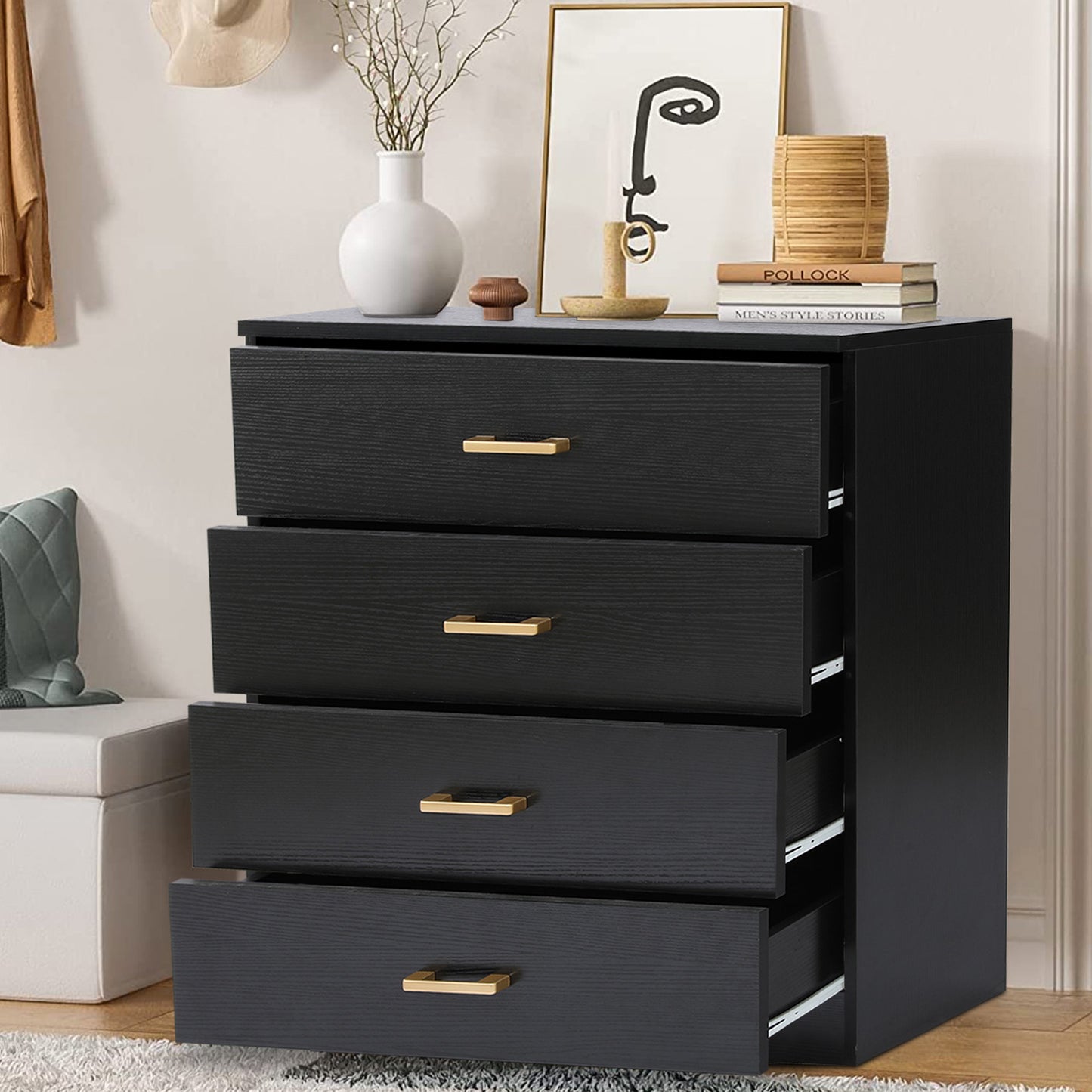 SYNGAR Black 4 Drawer Dresser, Chest of Drawers for Bedroom, Modern Storage Cabinet Dresser Organizer Unit with Handle for Living Room, Closet, Hallway, Nursery