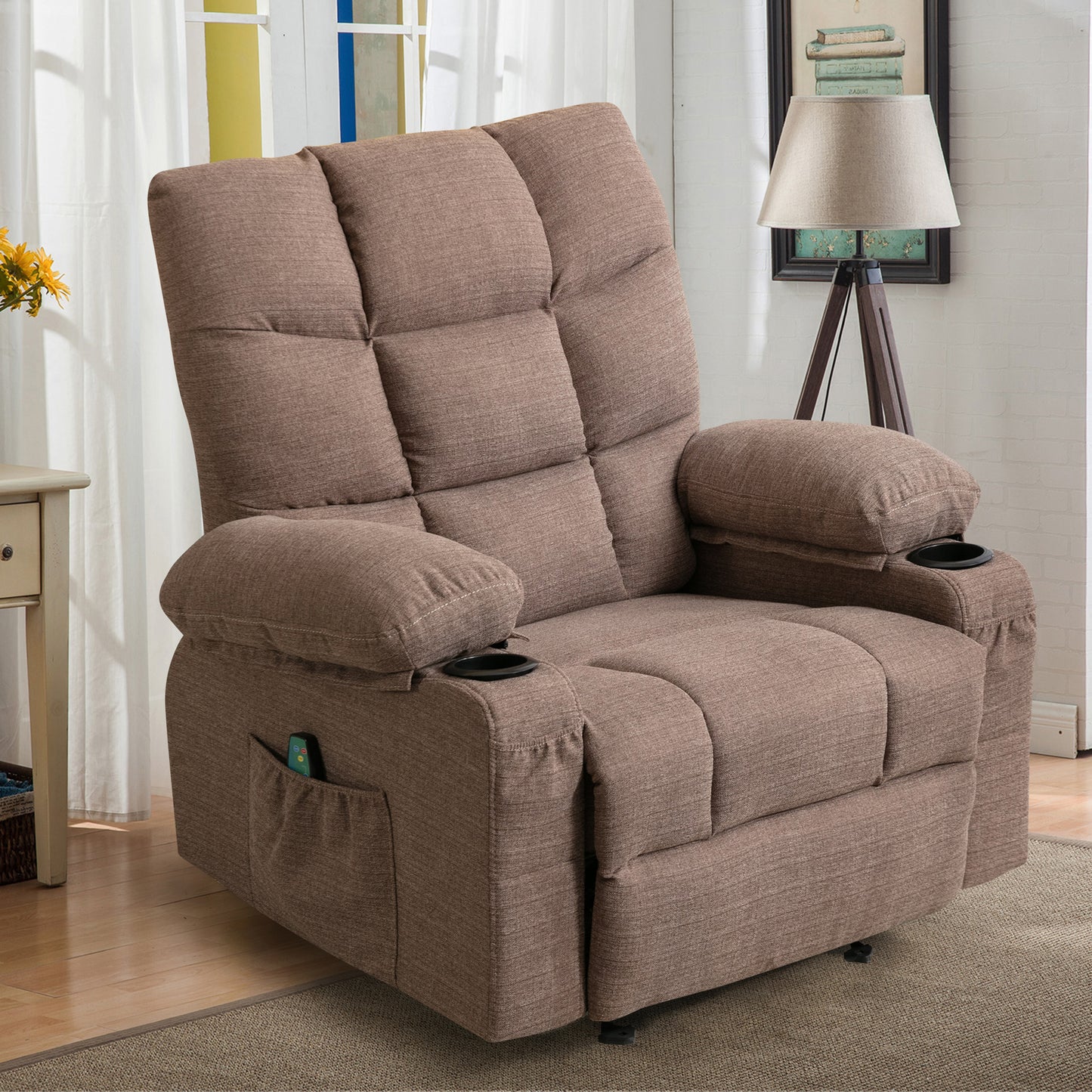SYNGAR Manual Recliner Chair with Heat Therapy and Massage Function, Heavy Duty Reclining Mechanism Massage Chair, Elderly Single Rocker Sofa with Cup Holders for Bedroom Home Theater, Brown