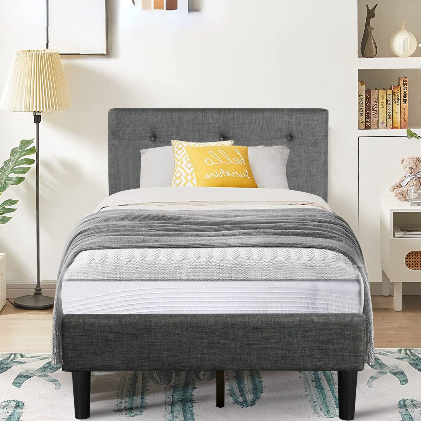 SYNGAR Gray Fabric Upholstered Platform Bed Frame Twin Size with Button Tufted Headboard, Wood Frame Mattress Foundation with Strong Wooden Slat Support, No Box Spring Needed, Easy Assembly