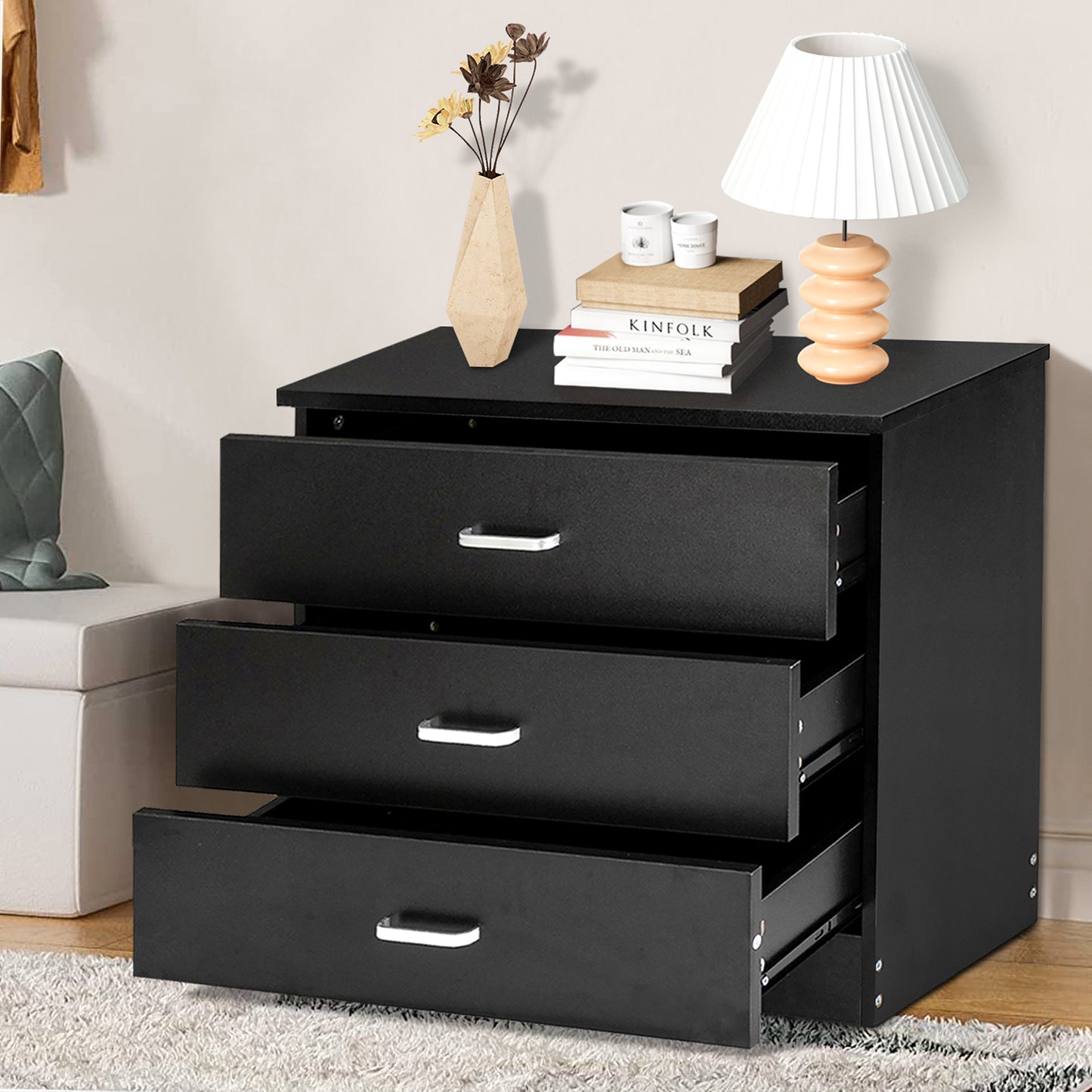 SYNGAR Black 4 Drawer Dresser, Chest of Drawers for Bedroom, Modern Storage Cabinet Dresser Organizer Unit with Handle for Living Room, Closet, Hallway, Nursery