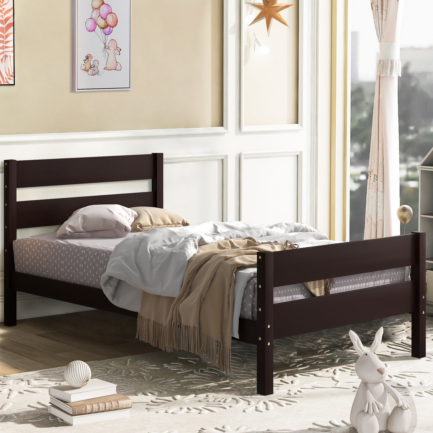 SYNGAR White Wood Platform Bed Frame Twin Size with Headboard and Footboard, Underbed Storage, Strong Slat Support, No Box Spring Needed, Twin Bed Frame for Kids Teens Adults