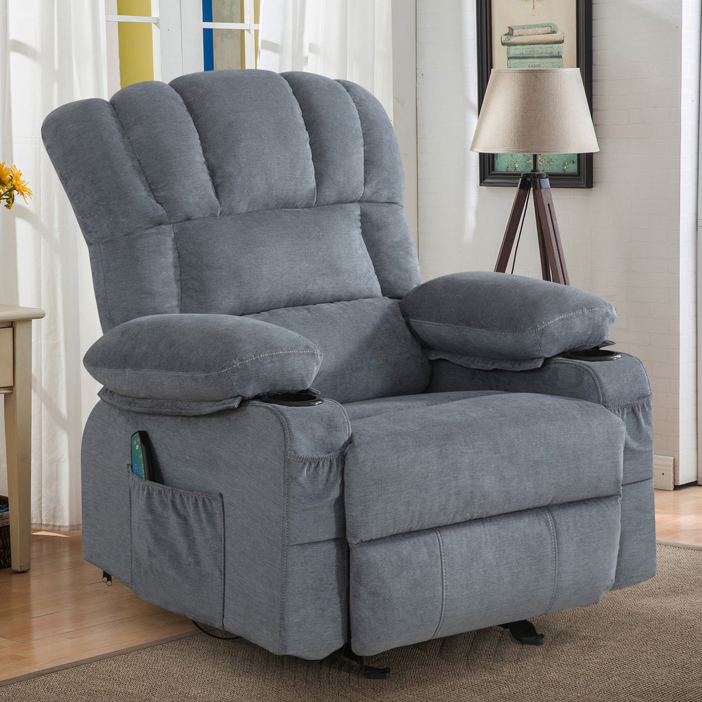 SYNGAR Manual Recliner Chair with Heat Therapy and Massage Function, Heavy Duty Reclining Mechanism Massage Chair, Elderly Single Rocker Sofa with Cup Holders for Bedroom Home Theater, Brown