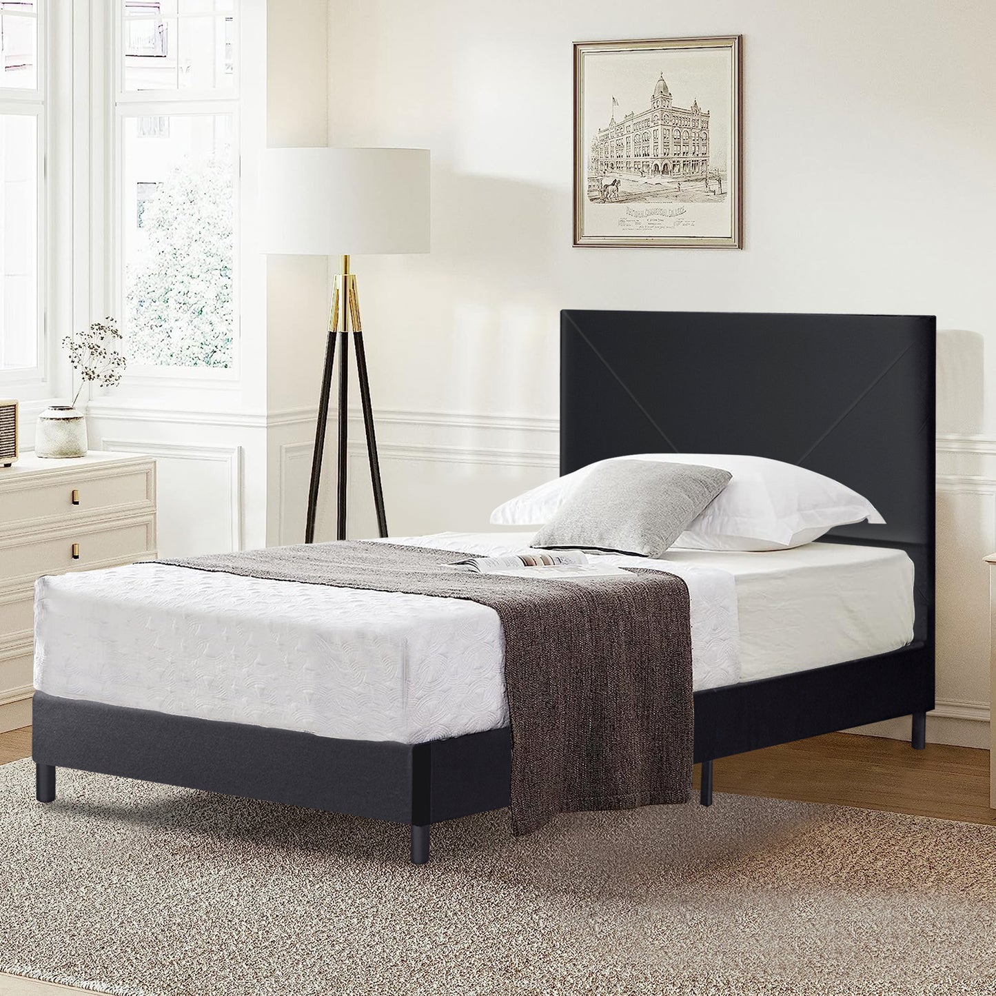 SYNGAR Twin Platform Bed Frame with Upholstered Velvet Velvet Tufted Headboard, Sturdy Frame Bedroom Furniture with Wooden Slat Support, Gray