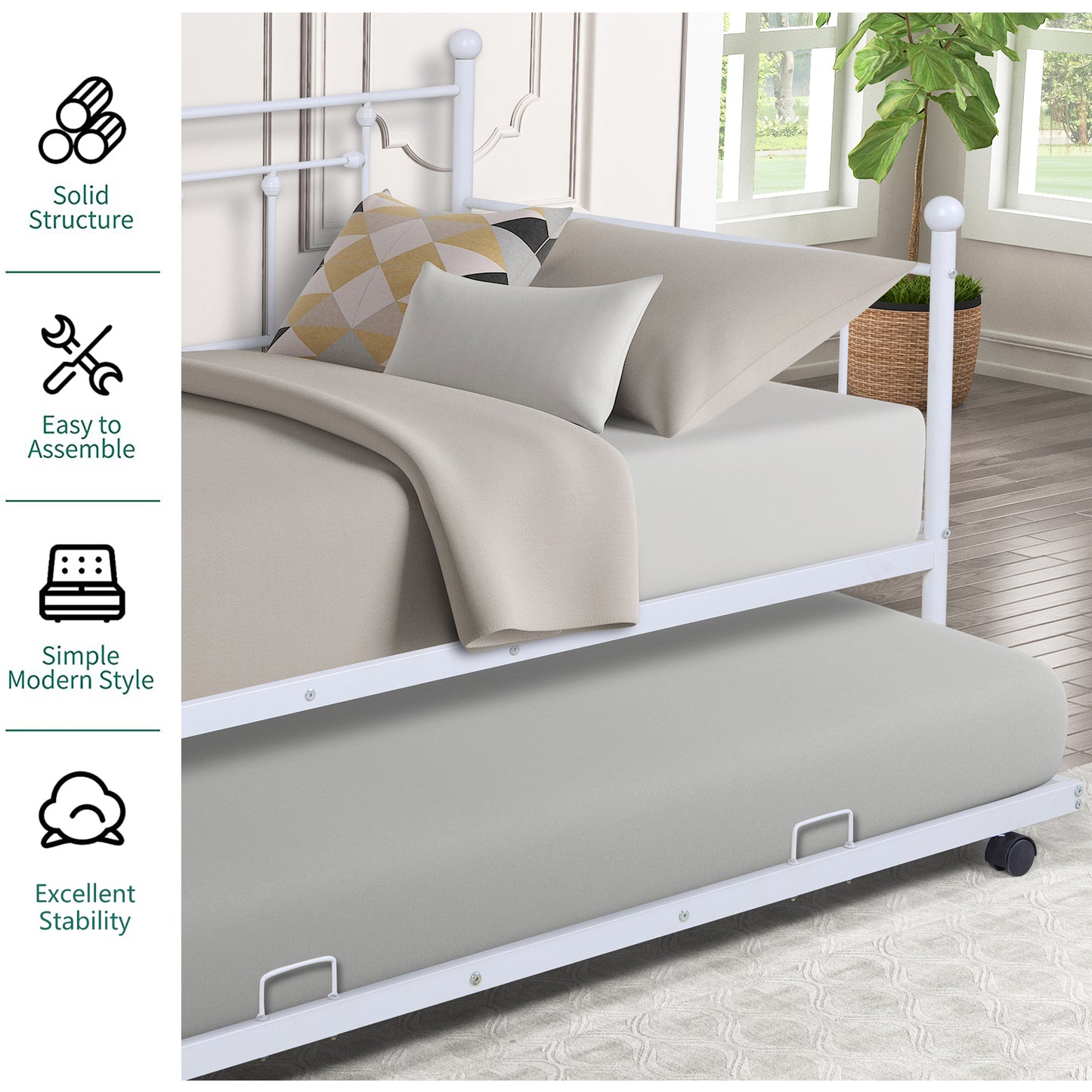 SYNGAR Daybed with Trundle, Twin Size Metal Daybed with Pop Up Trundle, Sofa Bed Day Beds Frame, Bedroom Living Room Furniture for Kids Boys Girls Adults Guest, White