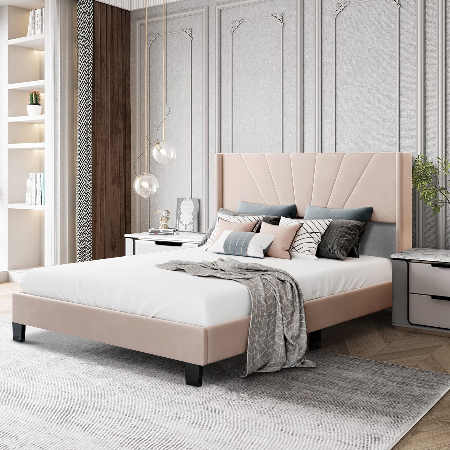 Syngar Velvet Upholstered Platform Bed Frame with Headboard, Queen Size Bed for Kids Teens Adults, Box Spring Needed, 500 LBS Load Capacity, Beige