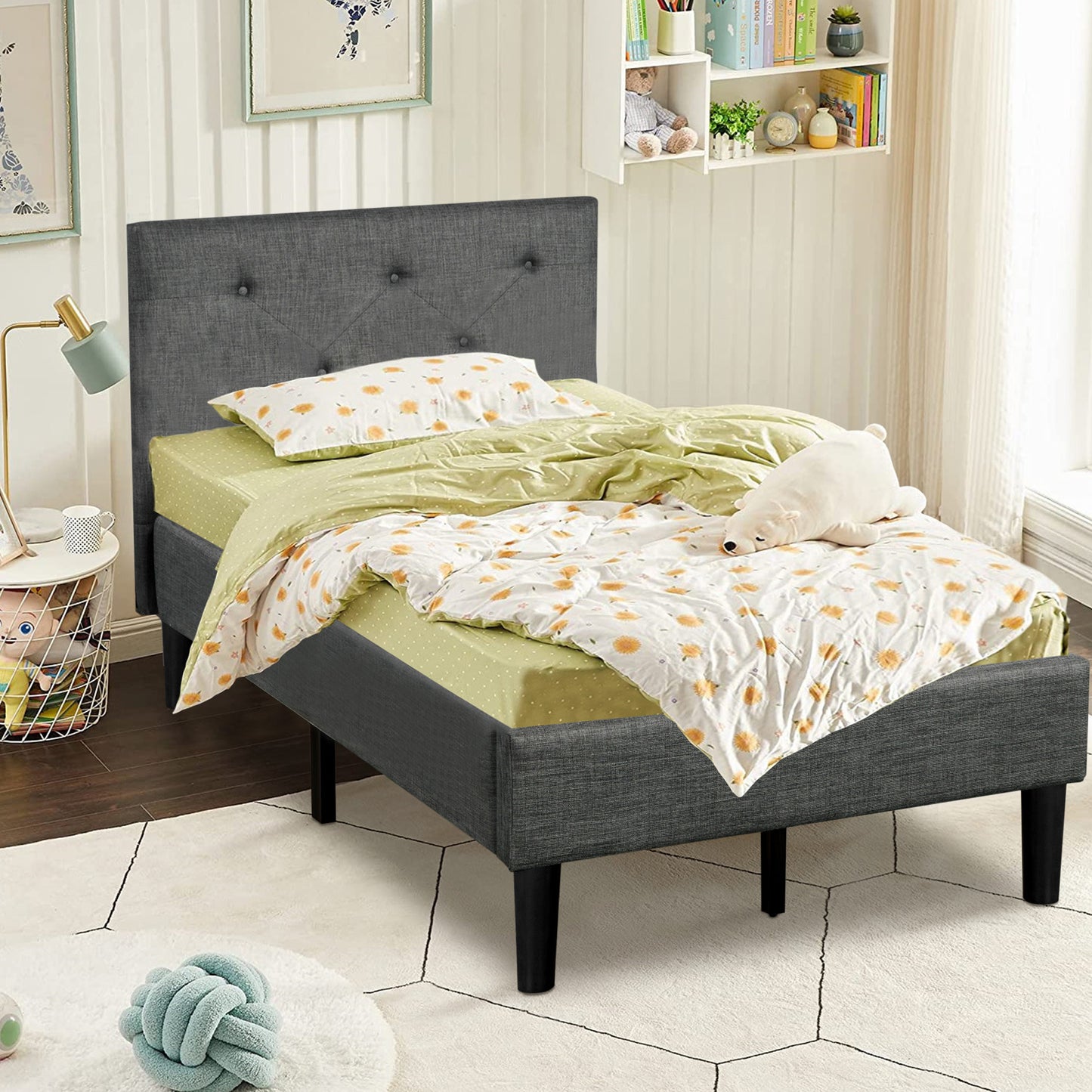 SYNGAR Gray Fabric Upholstered Platform Bed Frame Twin Size with Button Tufted Headboard, Wood Frame Mattress Foundation with Strong Wooden Slat Support, No Box Spring Needed, Easy Assembly