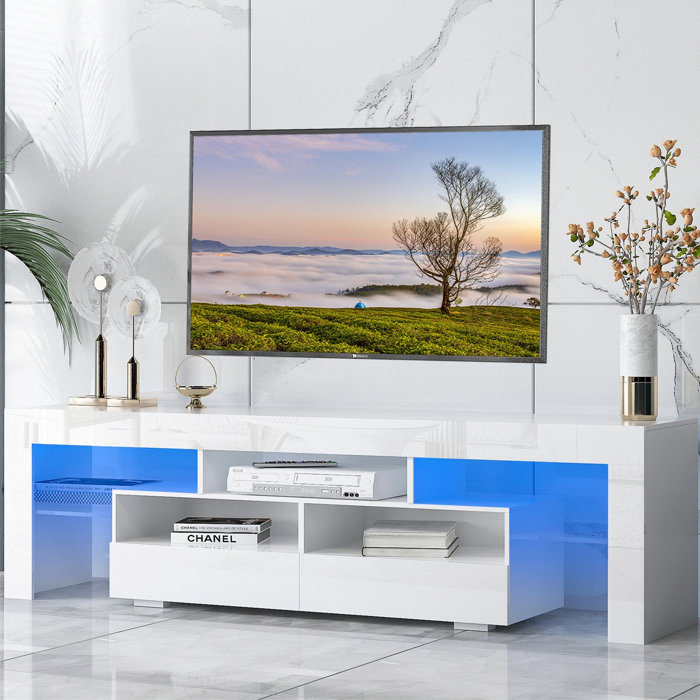 SYNGAR White TV Stand for 65 inch TV, Modern High Glossy TV Console Table Stand with 16 Colors LED Lights, Living Room TV Table Stand Buffet Cabinet with Storage, 58"L×14" W×21"H