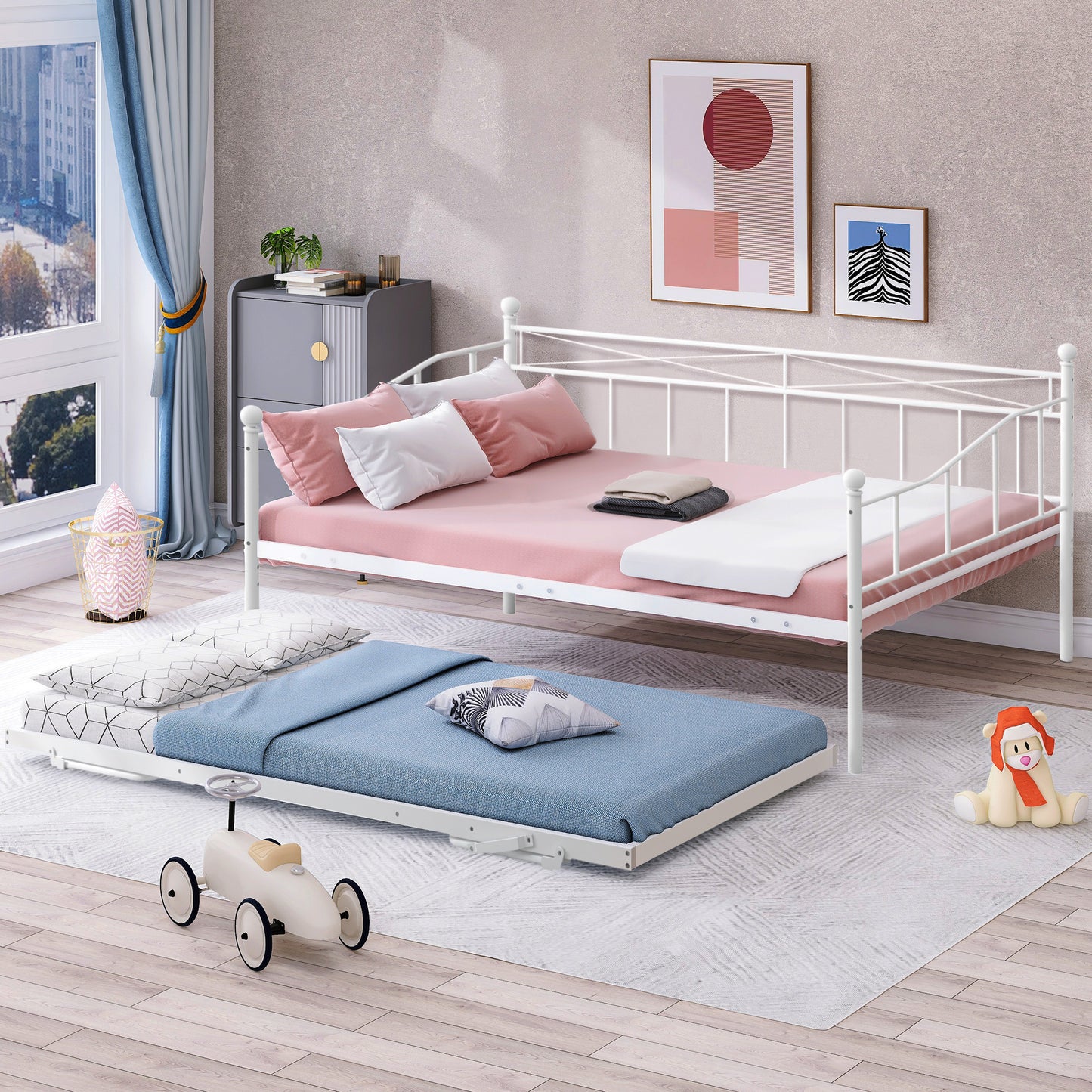 SYNGAR Metal Twin Size Daybed with Roll-Out Trundle, Multifunctional Platform Portable Folding Trundle Bed Frame, Mattress Foundation/Children Bed Sofa for Guest Living Room, Black