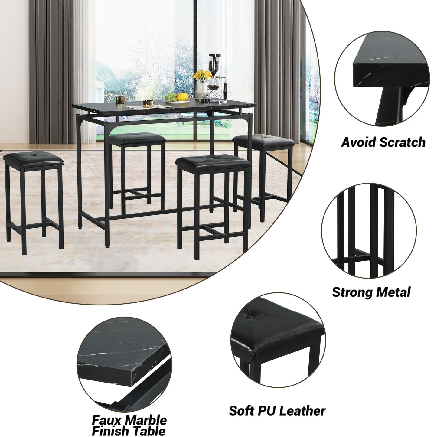 SYNGAR 5 Piece Dining Table Set, Modern Pub Table Set W/ 4 PU Leather Cushioned Stools, Counter Height Faux Marble Bar Table Set, 4-Person Dining Table & Stools Set, Kitchen Breakfast Table Set, Y008
