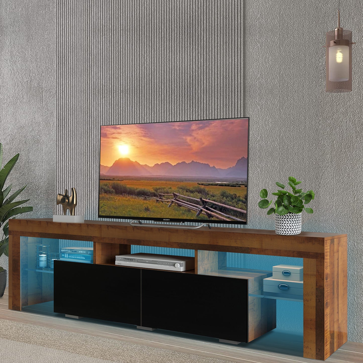 White TV Stand for 70 inch TV, Farmhouse Rustic Wooden Television Stands TV Cabinet Console Table with 16 Colors LED Lights, Living Room TV Table Stand Buffet Cabinet with Storage, 63"L×14" W×18"H