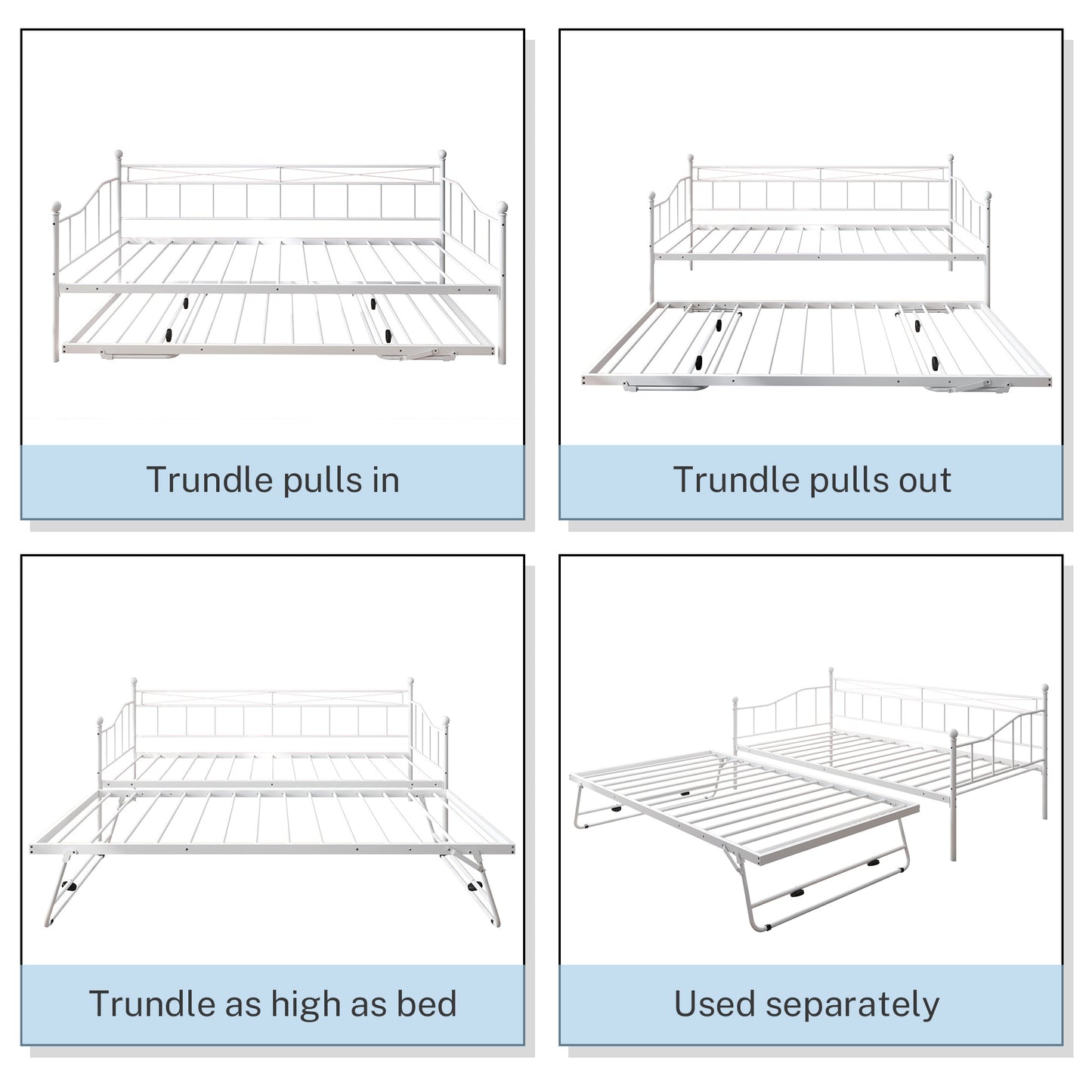 SYNGAR Metal Twin Size Daybed with Roll-Out Trundle, Multifunctional Platform Portable Folding Trundle Bed Frame, Mattress Foundation/Children Bed Sofa for Guest Living Room, Black