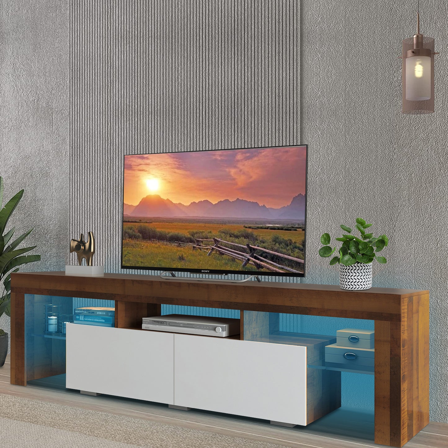 White TV Stand for 70 inch TV, Farmhouse Rustic Wooden Television Stands TV Cabinet Console Table with 16 Colors LED Lights, Living Room TV Table Stand Buffet Cabinet with Storage, 63"L×14" W×18"H