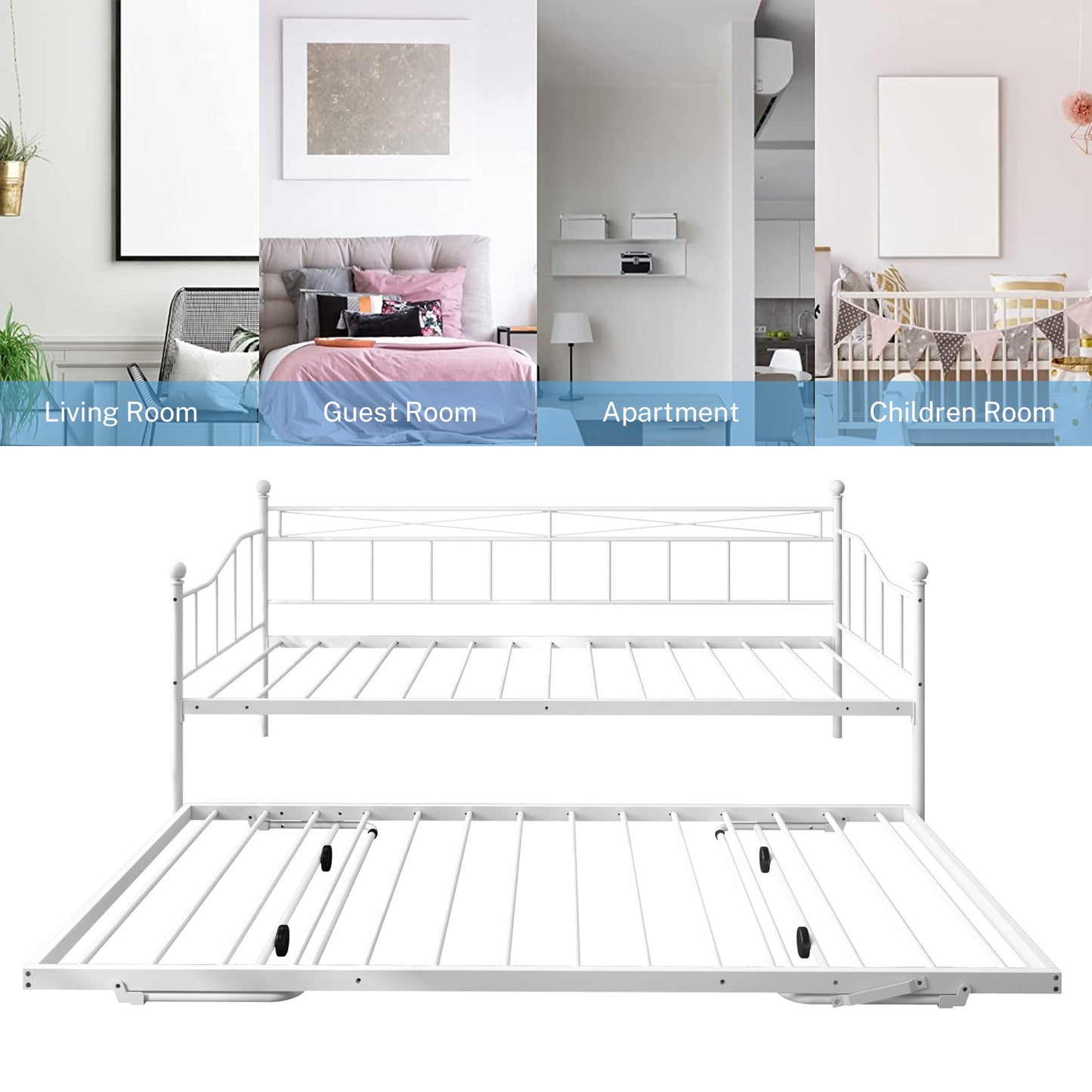 SYNGAR Metal Twin Size Daybed with Roll-Out Trundle, Multifunctional Platform Portable Folding Trundle Bed Frame, Mattress Foundation/Children Bed Sofa for Guest Living Room, Black