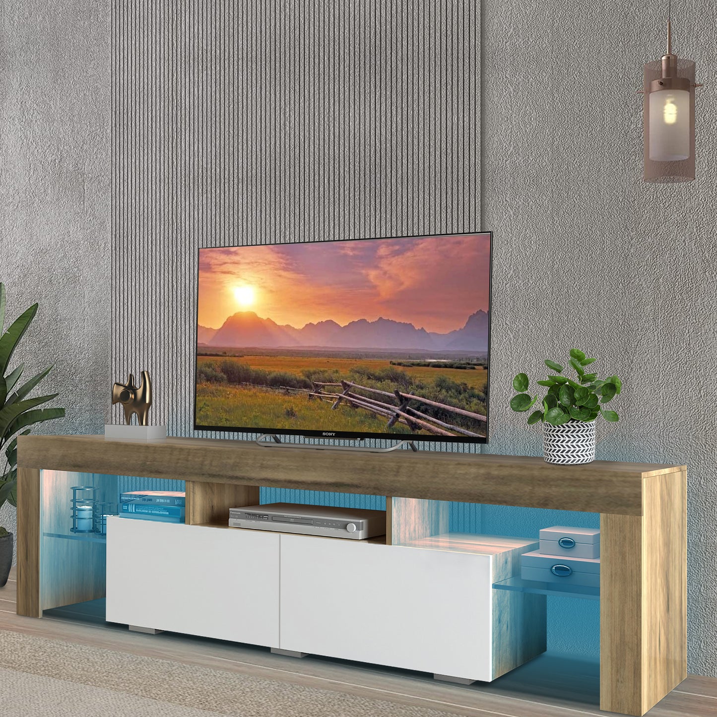 White TV Stand for 70 inch TV, Farmhouse Rustic Wooden Television Stands TV Cabinet Console Table with 16 Colors LED Lights, Living Room TV Table Stand Buffet Cabinet with Storage, 63"L×14" W×18"H