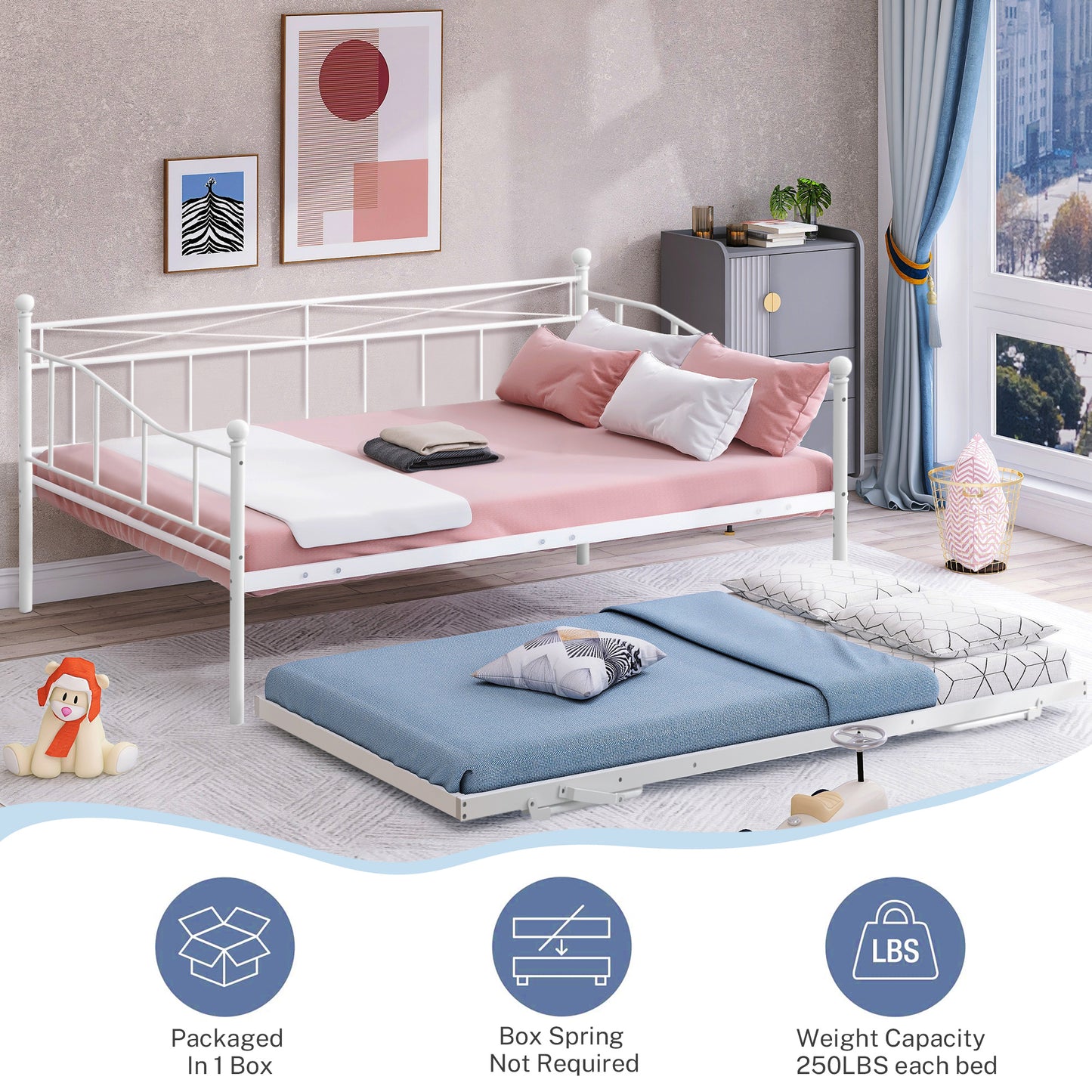 SYNGAR Metal Twin Size Daybed with Roll-Out Trundle, Multifunctional Platform Portable Folding Trundle Bed Frame, Mattress Foundation/Children Bed Sofa for Guest Living Room, Black