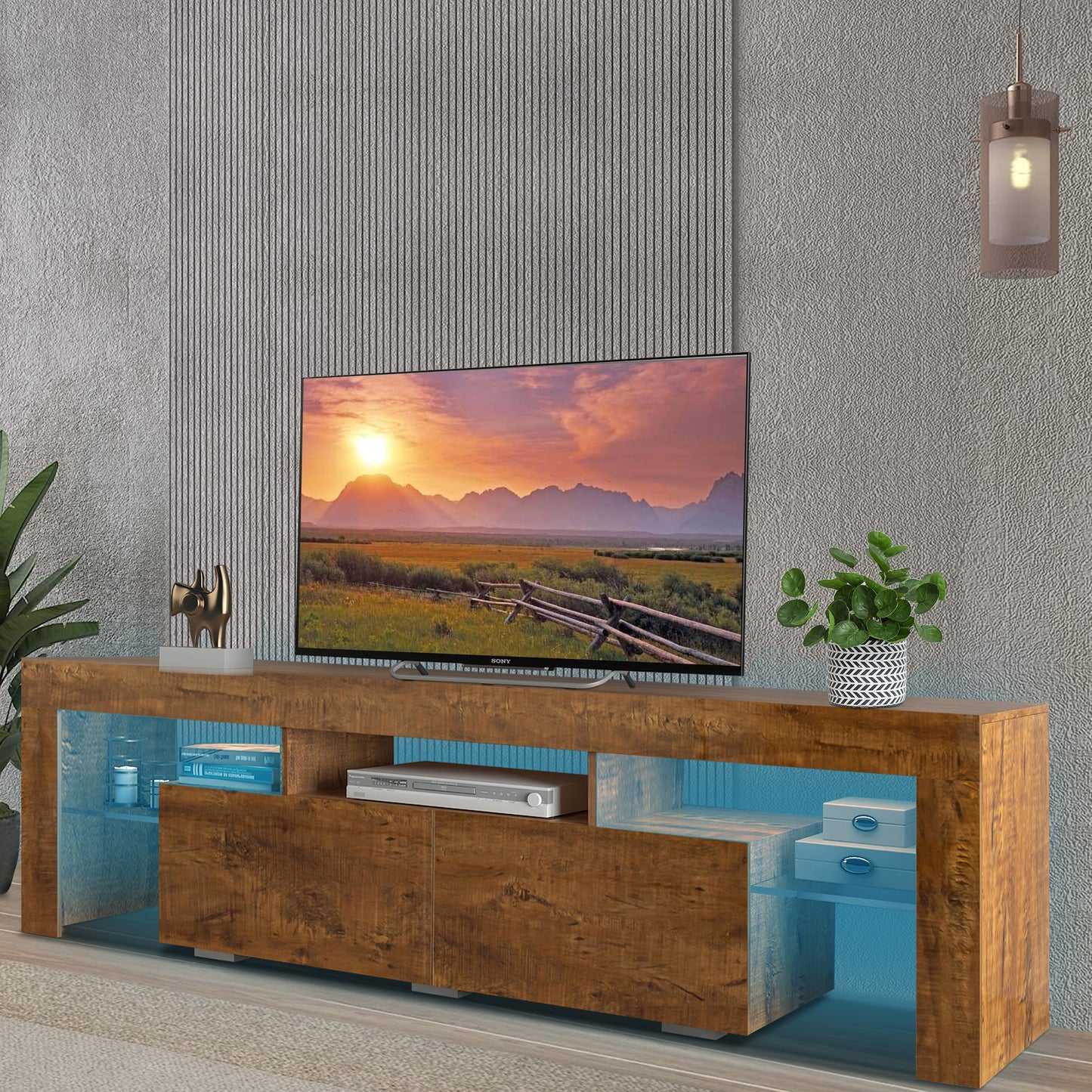 White TV Stand for 70 inch TV, Farmhouse Rustic Wooden Television Stands TV Cabinet Console Table with 16 Colors LED Lights, Living Room TV Table Stand Buffet Cabinet with Storage, 63"L×14" W×18"H