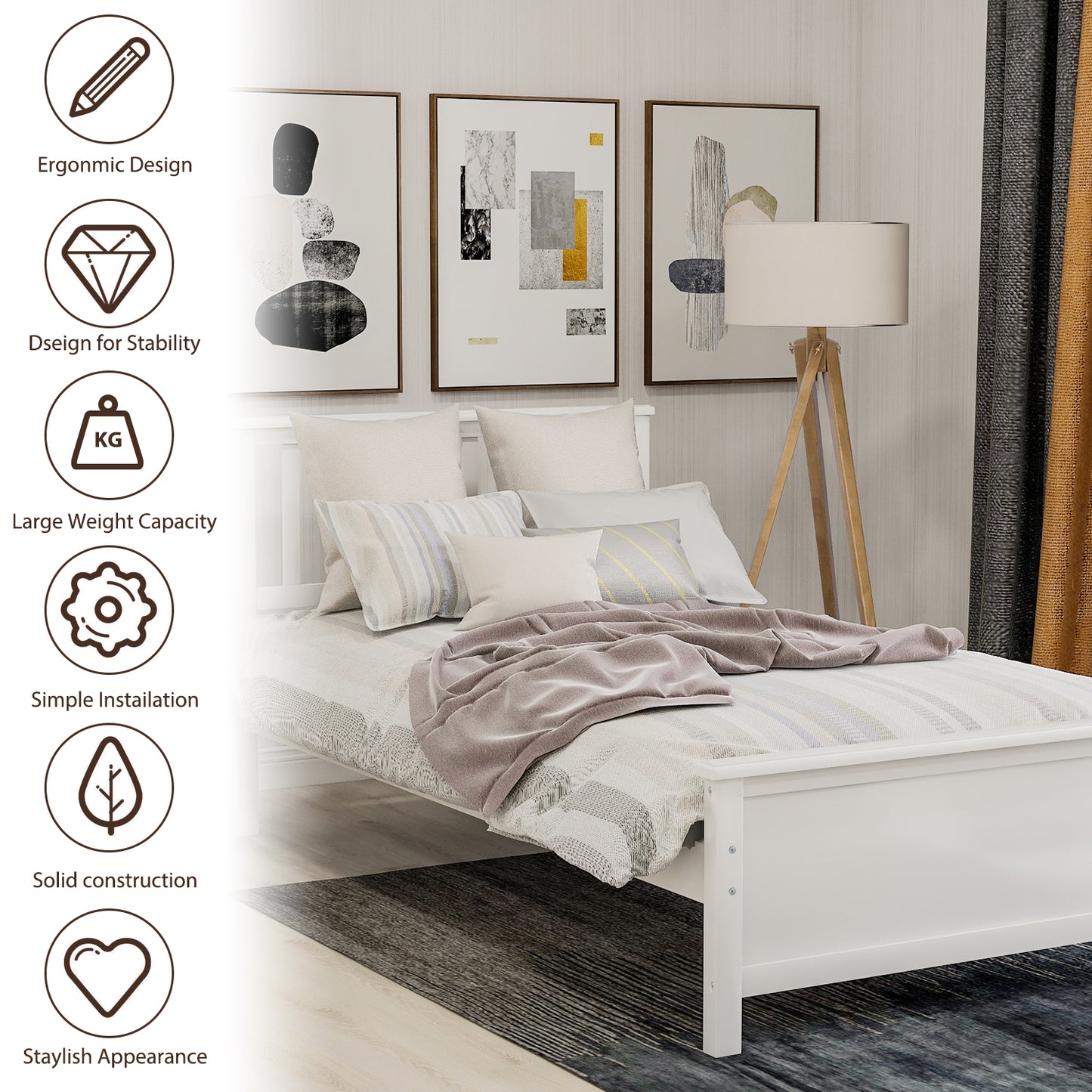 SYNGAR Solid Wood Twin Bed Frame with Headboard and Footboard, White