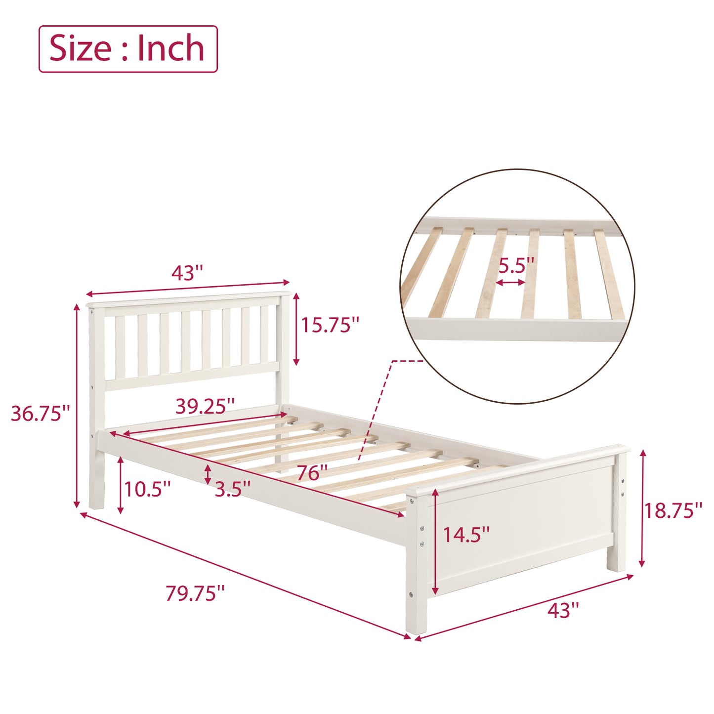 SYNGAR Solid Wood Twin Bed Frame with Headboard and Footboard, White