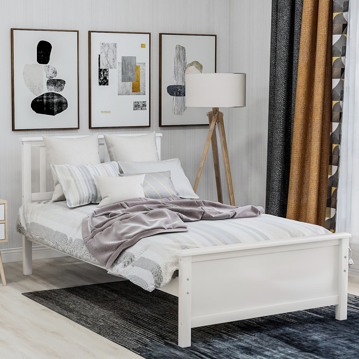 SYNGAR Solid Wood Twin Bed Frame with Headboard and Footboard, White