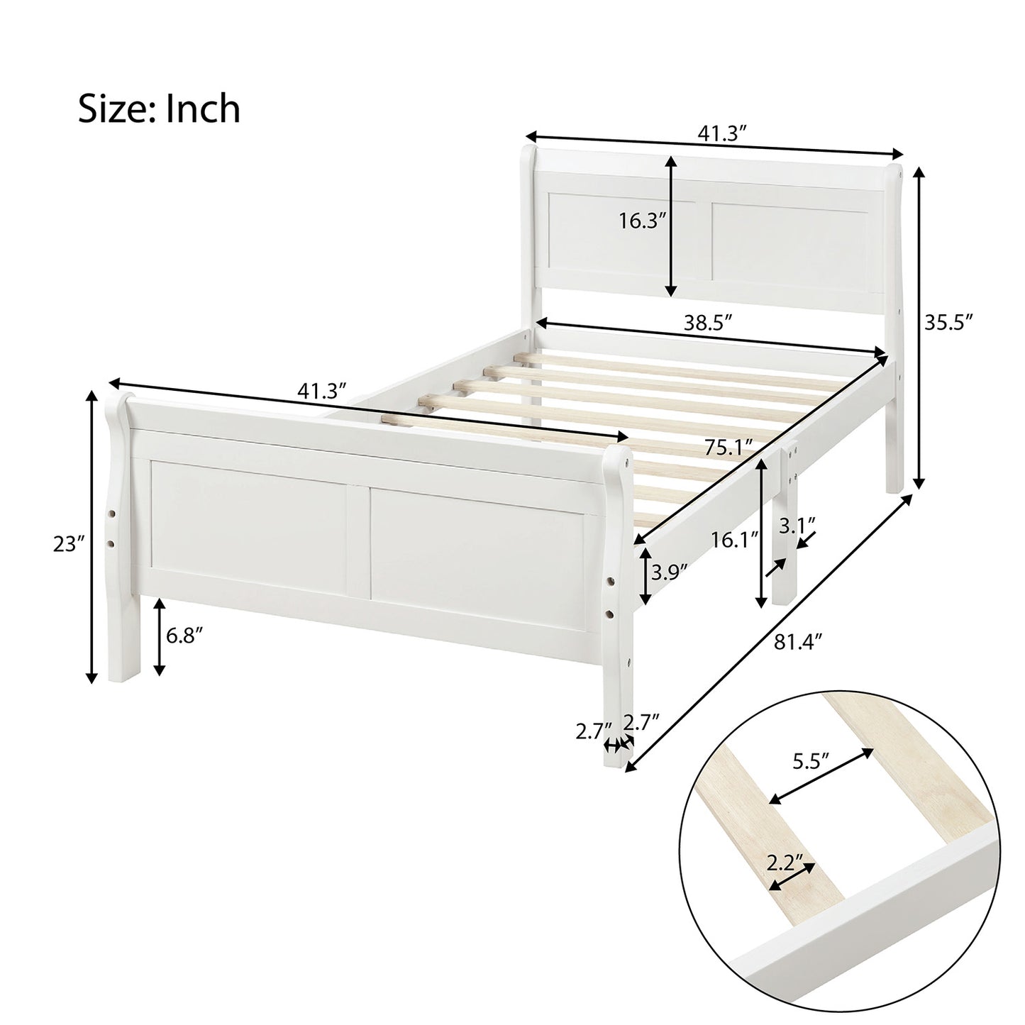 White Wood Twin Bed Frame with Headboard and Footboard, No Box Spring Needed