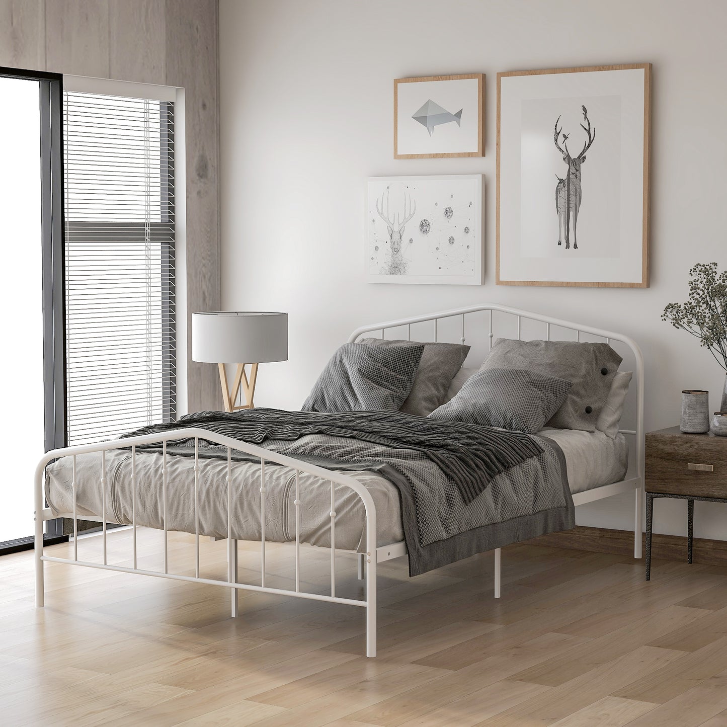 White Full Bed Frame, Metal Platform Bed with Headboard and Heavy Duty Slats for Bedroom Guest Room Dorm
