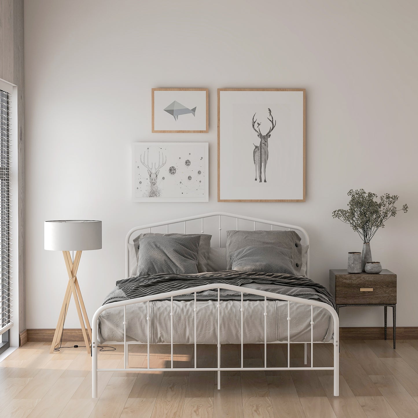White Full Bed Frame, Metal Platform Bed with Headboard and Heavy Duty Slats for Bedroom Guest Room Dorm