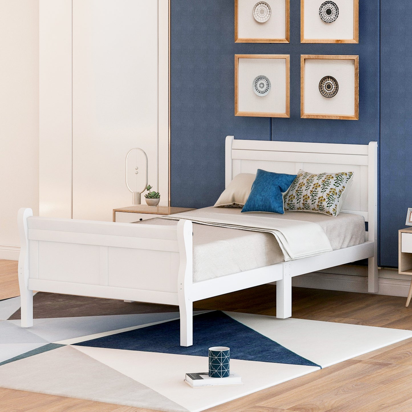 White Wood Twin Bed Frame with Headboard and Footboard, No Box Spring Needed