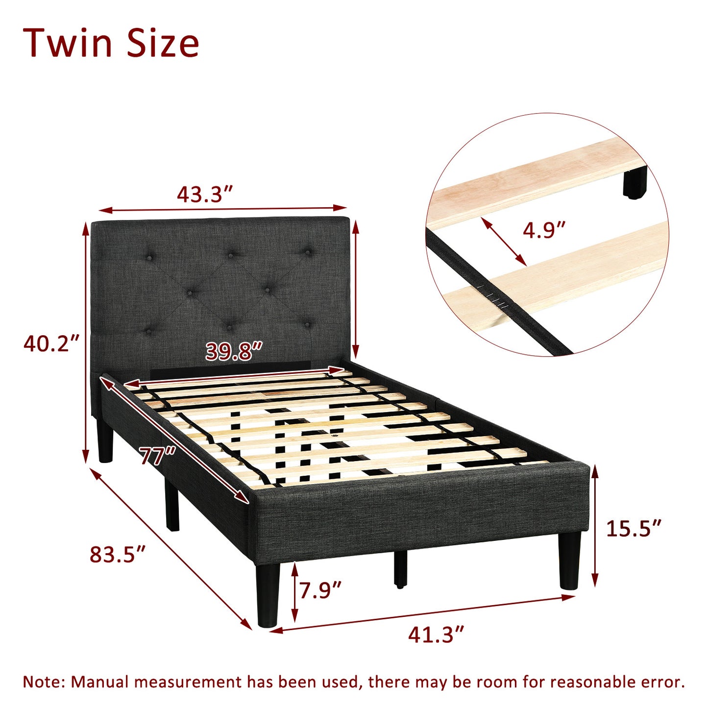 SYNGAR Gray Fabric Upholstered Platform Bed Frame Twin Size with Button Tufted Headboard, Wood Frame Mattress Foundation with Strong Wooden Slat Support, No Box Spring Needed, Easy Assembly