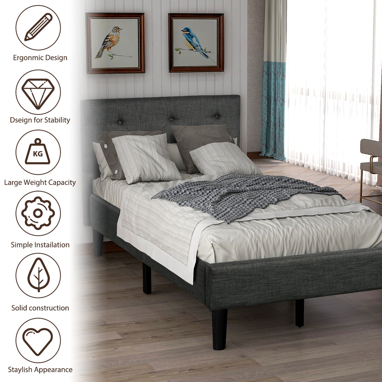 SYNGAR Gray Fabric Upholstered Platform Bed Frame Twin Size with Button Tufted Headboard, Wood Frame Mattress Foundation with Strong Wooden Slat Support, No Box Spring Needed, Easy Assembly