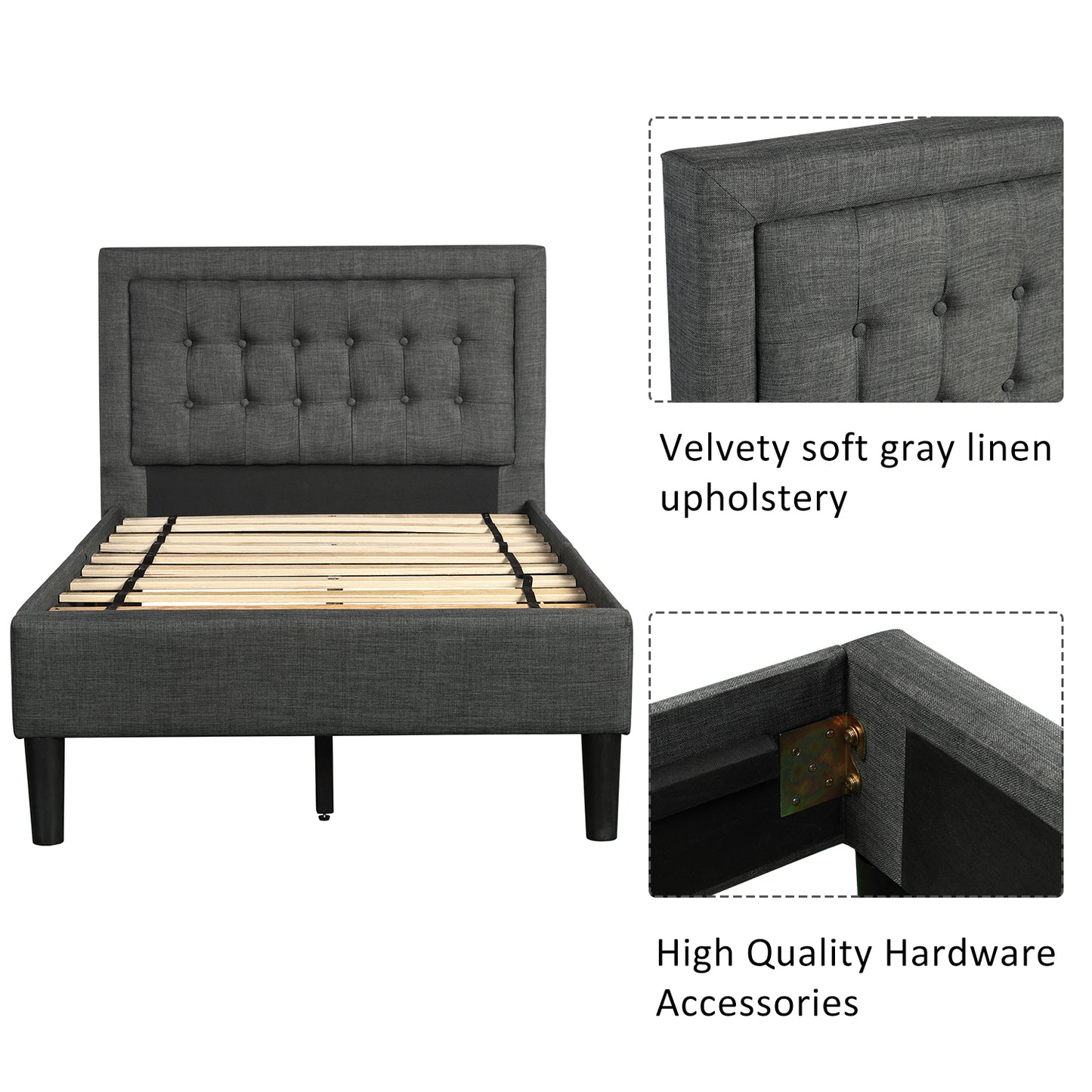 SYNGAR Gray Fabric Upholstered Platform Bed Frame Twin Size with Button Tufted Headboard, Wood Frame Mattress Foundation with Strong Wooden Slat Support, No Box Spring Needed, Easy Assembly